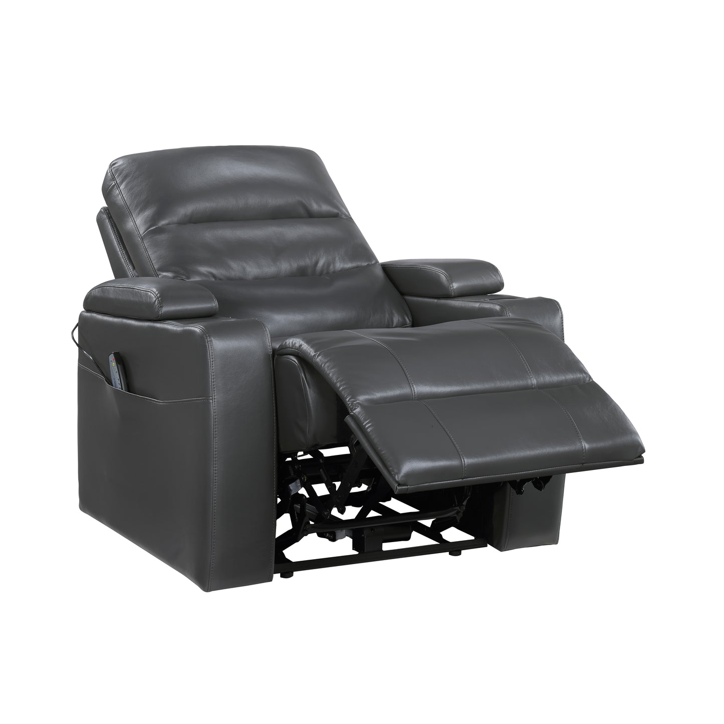 9517GY-1PWH - Power Reclining Chair with Power Headrest, Heat and Massage, Receptacle, Cup-Holders with LED light, Storage Arms and Charging Ports