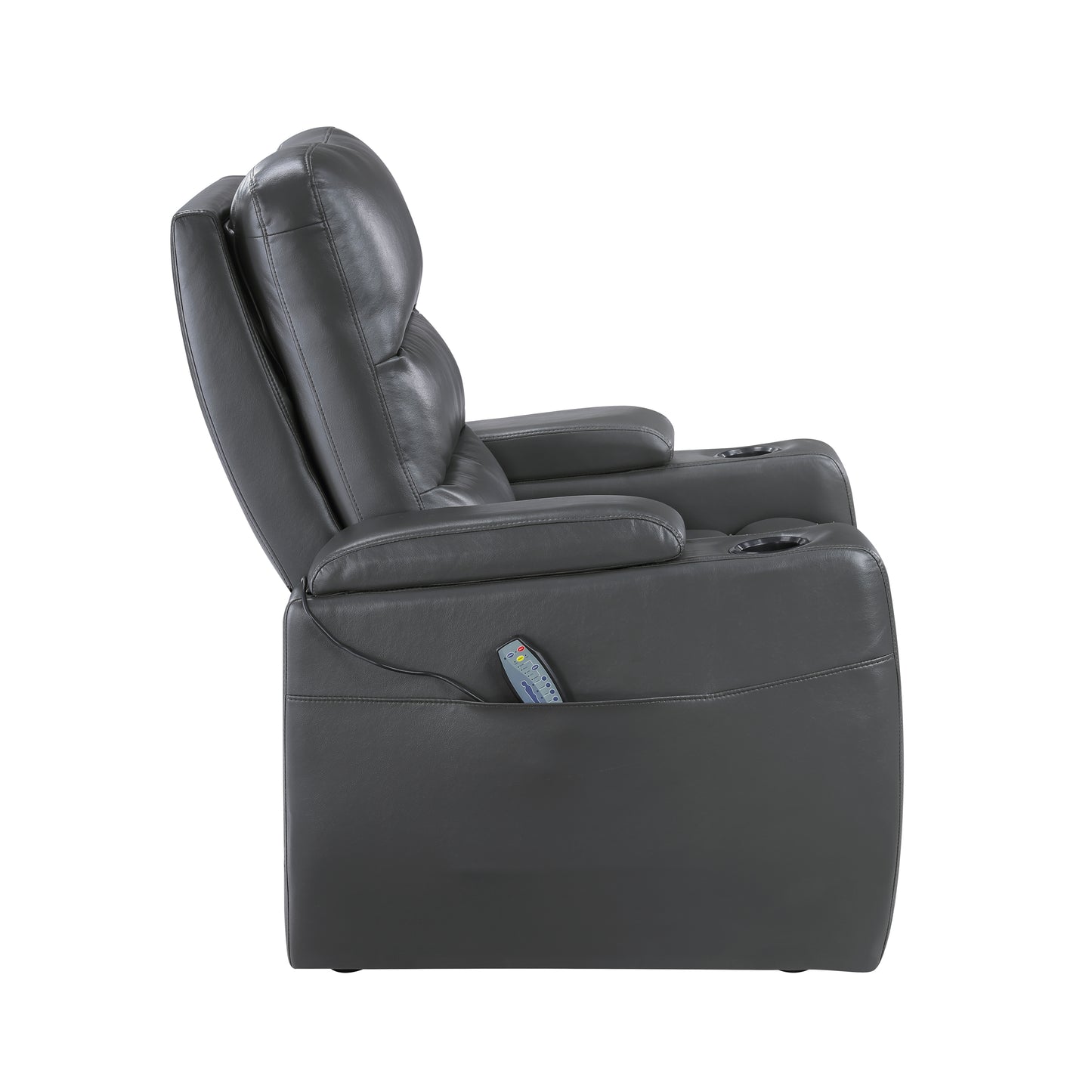 9517GY-1PWH - Power Reclining Chair with Power Headrest, Heat and Massage, Receptacle, Cup-Holders with LED light, Storage Arms and Charging Ports