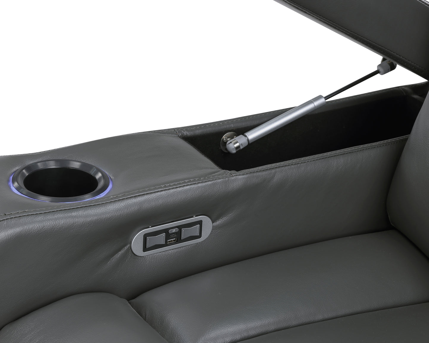 9517GY-1PWH - Power Reclining Chair with Power Headrest, Heat and Massage, Receptacle, Cup-Holders with LED light, Storage Arms and Charging Ports