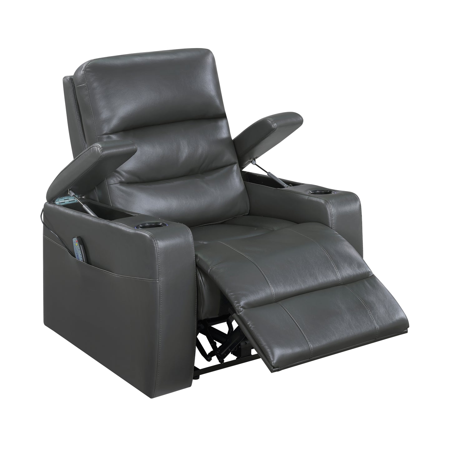 9517GY-1PWH - Power Reclining Chair with Power Headrest, Heat and Massage, Receptacle, Cup-Holders with LED light, Storage Arms and Charging Ports