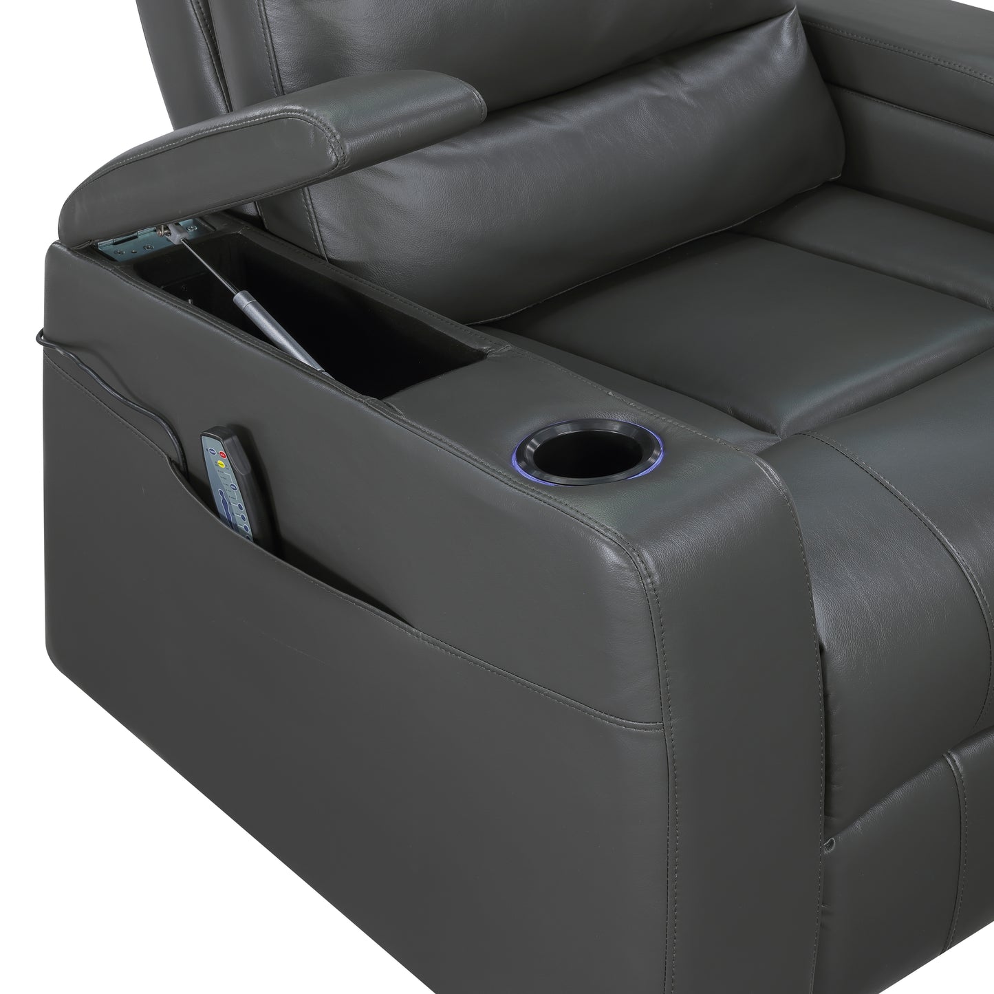 9517GY-1PWH - Power Reclining Chair with Power Headrest, Heat and Massage, Receptacle, Cup-Holders with LED light, Storage Arms and Charging Ports