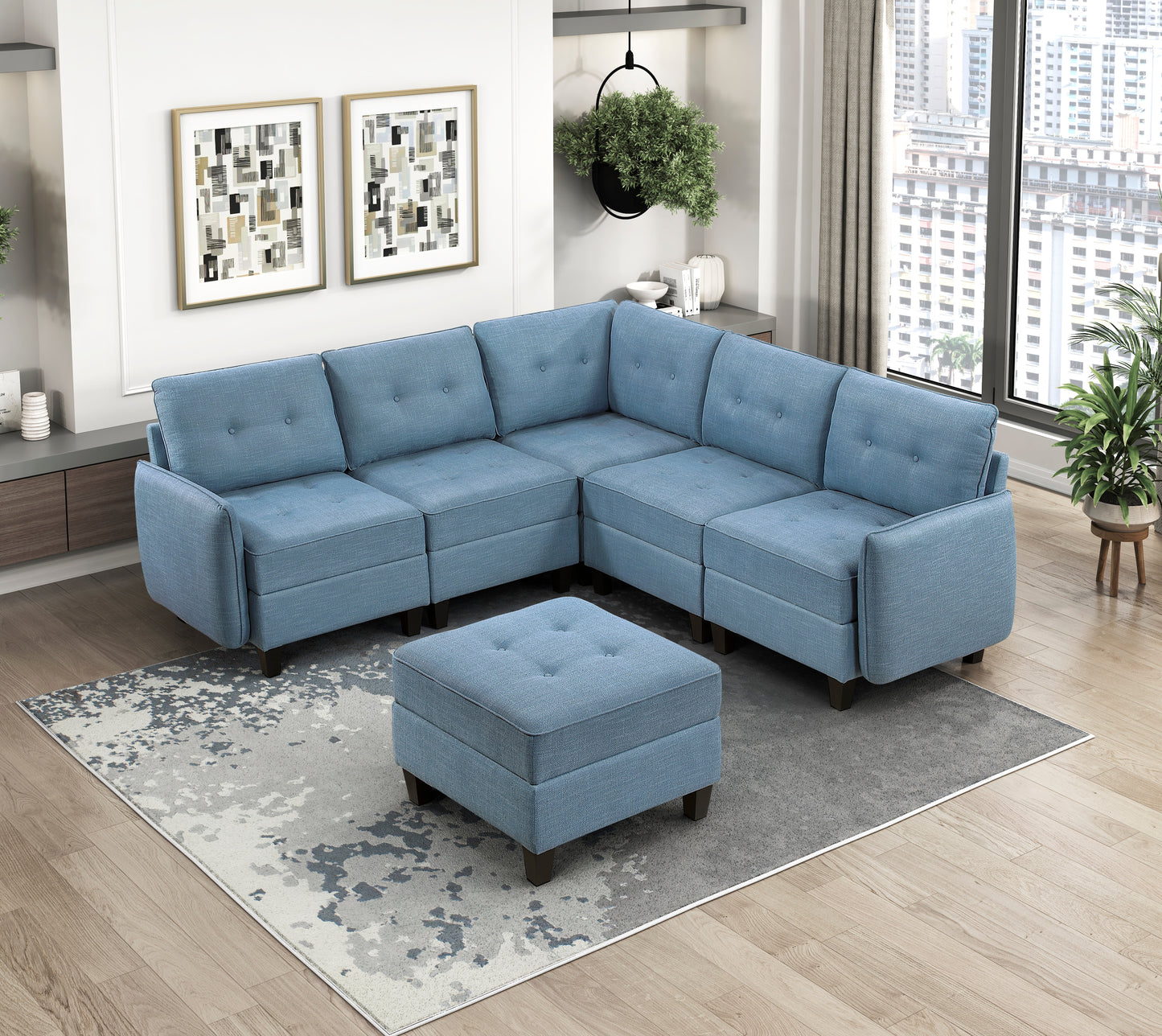 9557BUE*6SCOT - (6)6-Piece Sectional with Storage and Ottoman