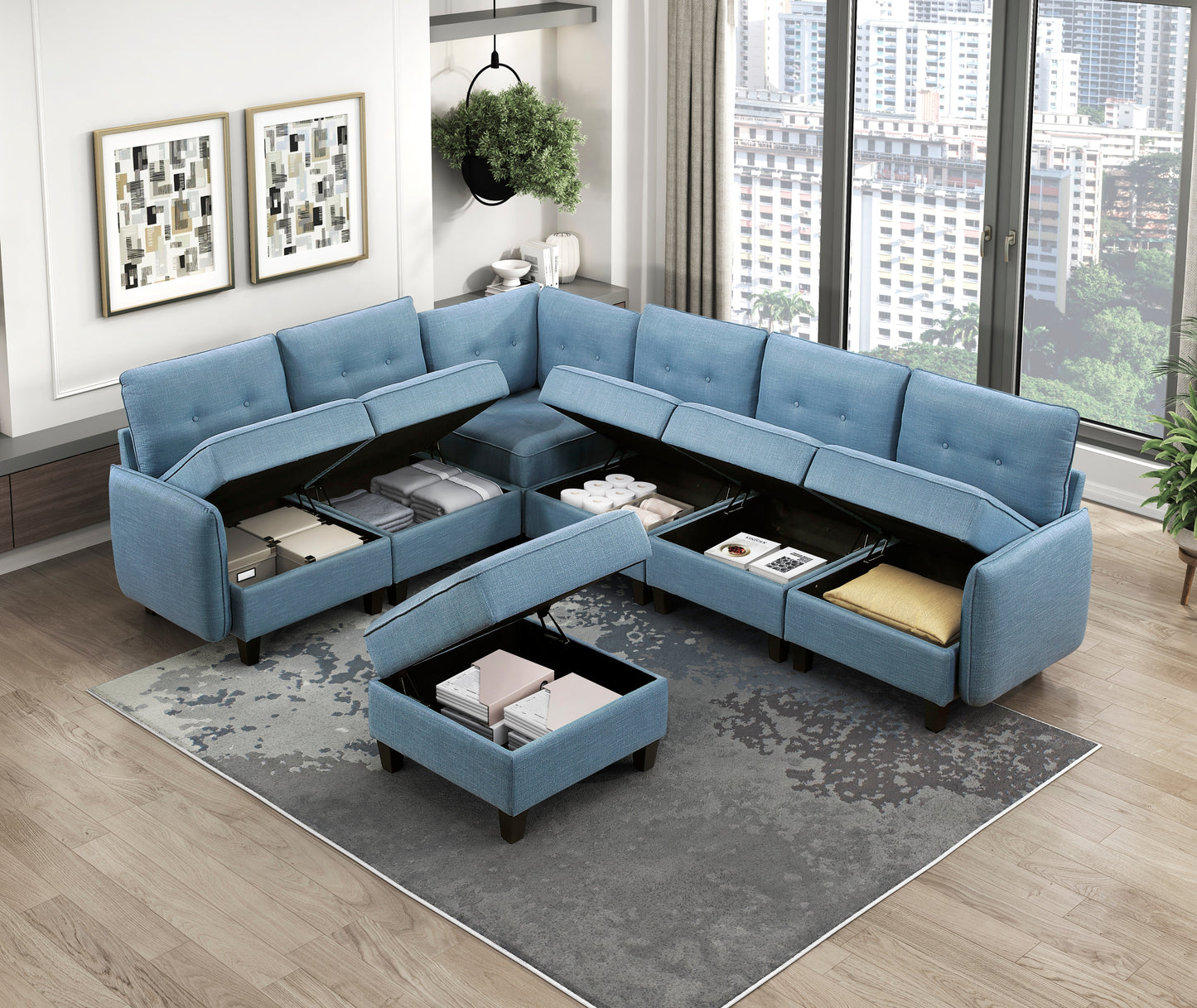 9557BUE*7SCOT - (7)7-Piece Sectional with Storage and Ottoman