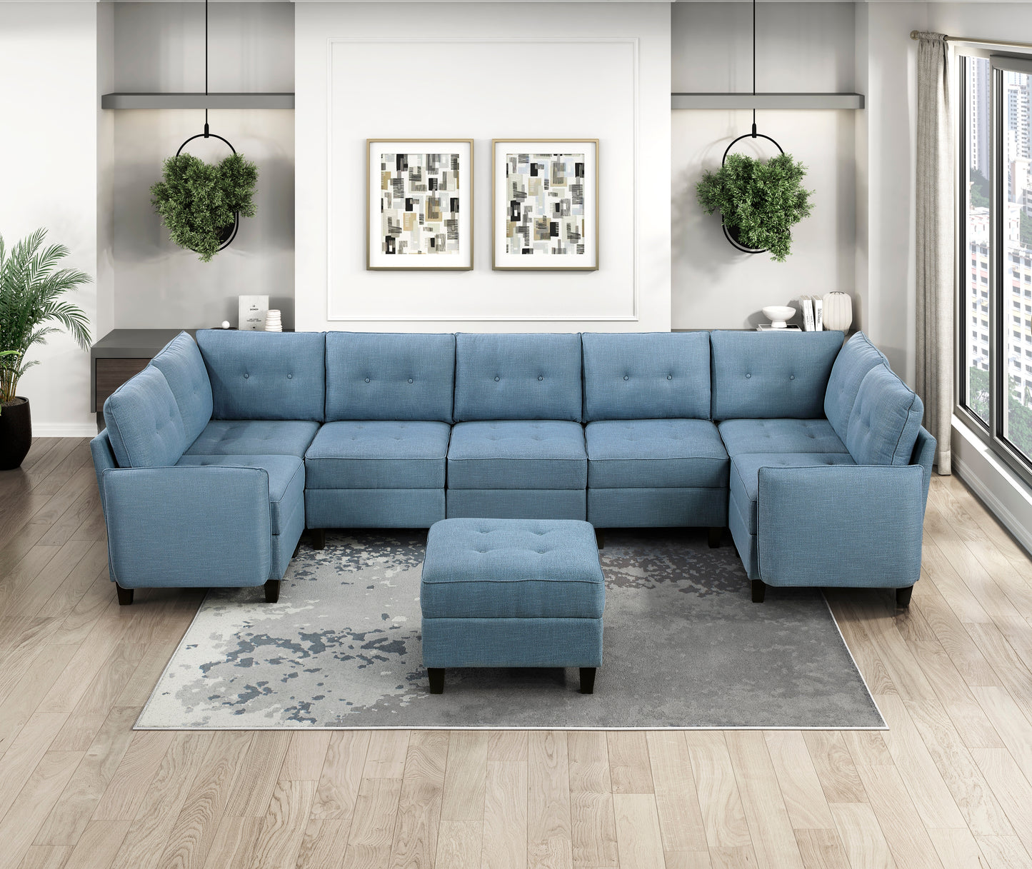 9557BUE*8SCOT - (8)8-Piece Sectional with Storage and Ottoman