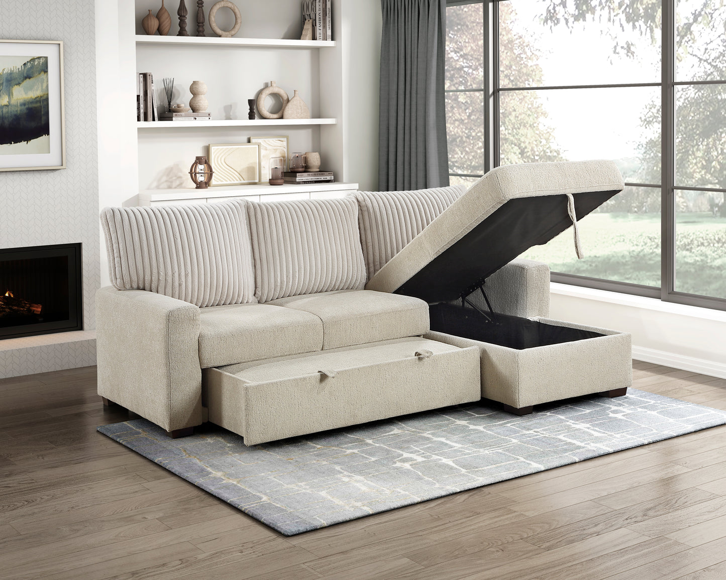 9605BE*2LLRC - (2)2-Piece Sectional with Right Chaise and  Drop-Down Cup holders, Storage Pouch,  Pull-out Bed and Hidden Storage