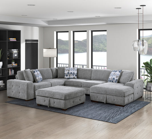 9624GY*52LRC - (5)5-Piece Sectional with Right Chaise and Storage Ottoman