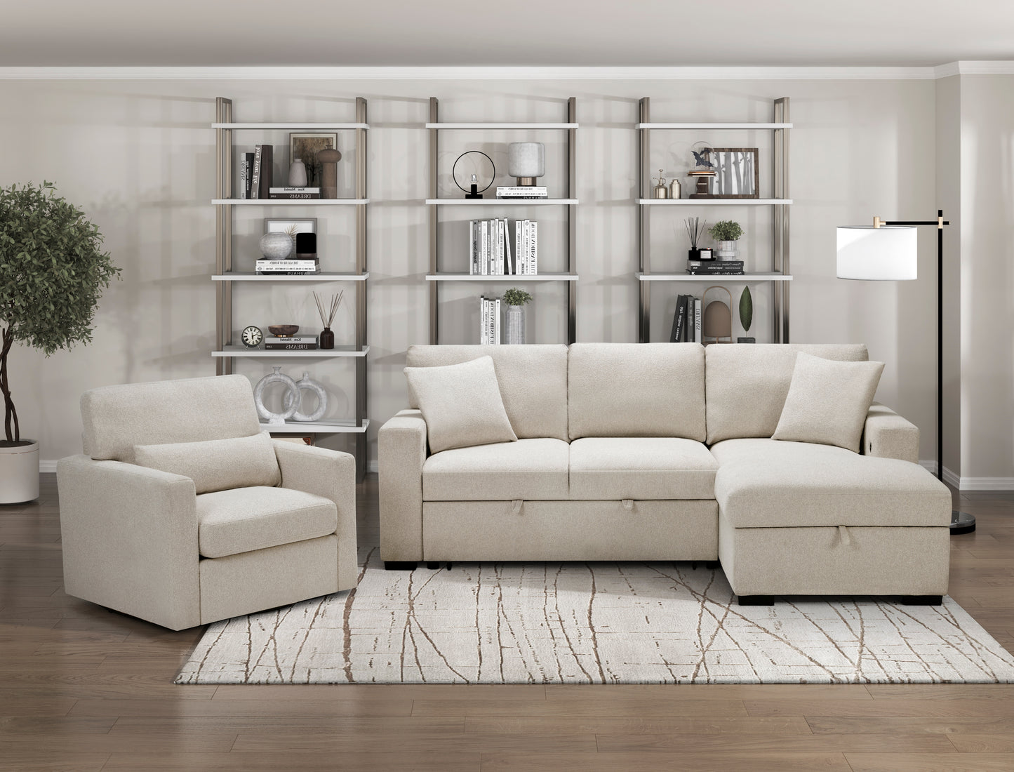 9630BE*22LRC - (2)Sectional with Right Chaise, Pull-out Bed, Hidden Storage and Shelves, Charging Ports