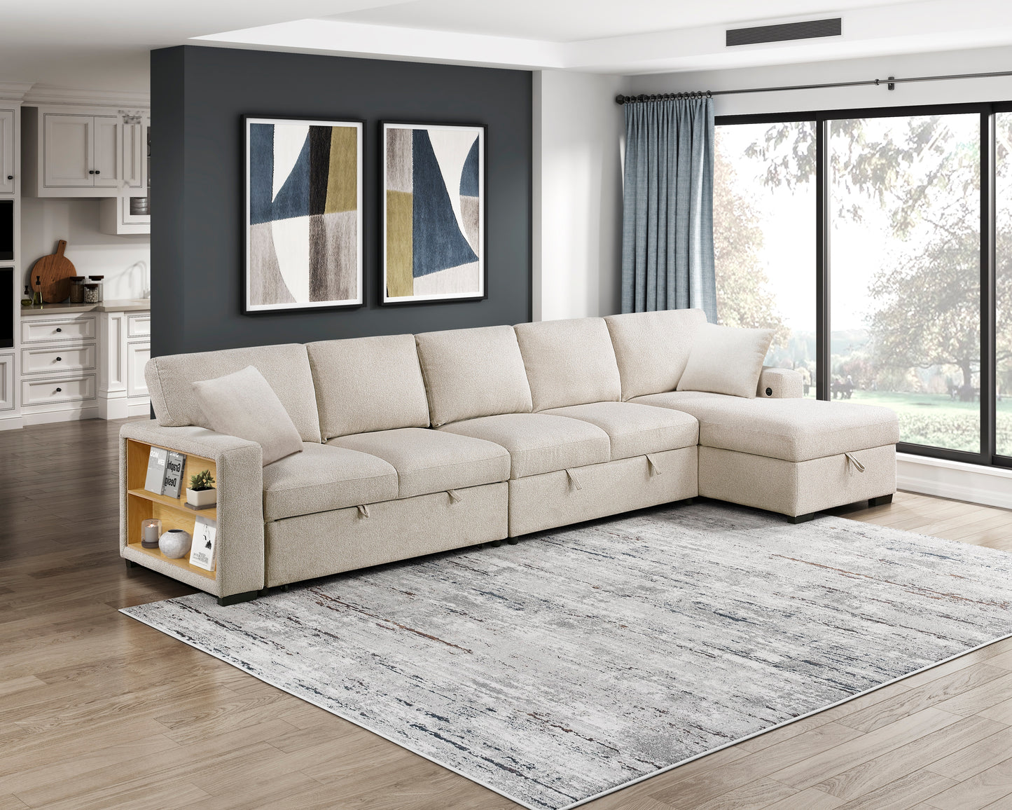 9630BE*32LRC - (3)Sectional with Right Chaise, Pull-out Bed, Hidden Storages and Shelves, Charging Ports