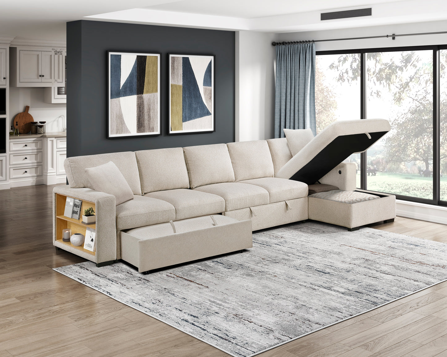 9630BE*32LRC - (3)Sectional with Right Chaise, Pull-out Bed, Hidden Storages and Shelves, Charging Ports