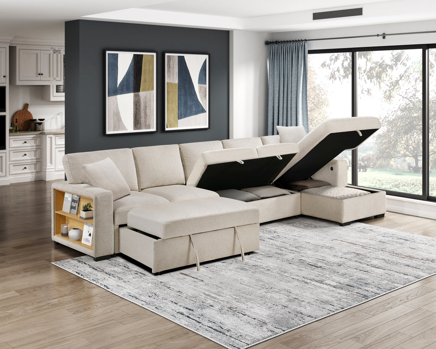 9630BE*32LRC - (3)Sectional with Right Chaise, Pull-out Bed, Hidden Storages and Shelves, Charging Ports