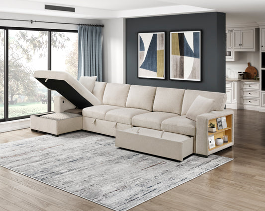 9630BE*3LC2R - (3)Sectional with Left Chaise, Pull-out Bed, Hidden Storages  and Shelves, Charging Ports