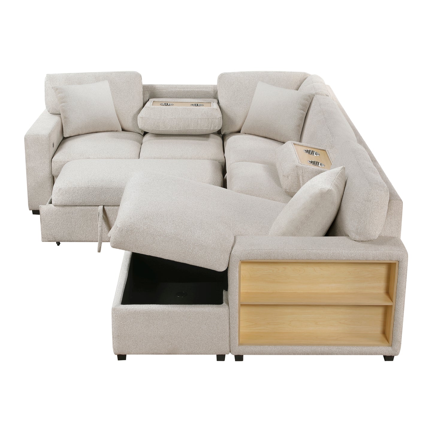 9630BE*42LRC - (4)Sectional with Right Chaise, Pull-out Bed, Hidden Storages and Shelves, Charging Ports