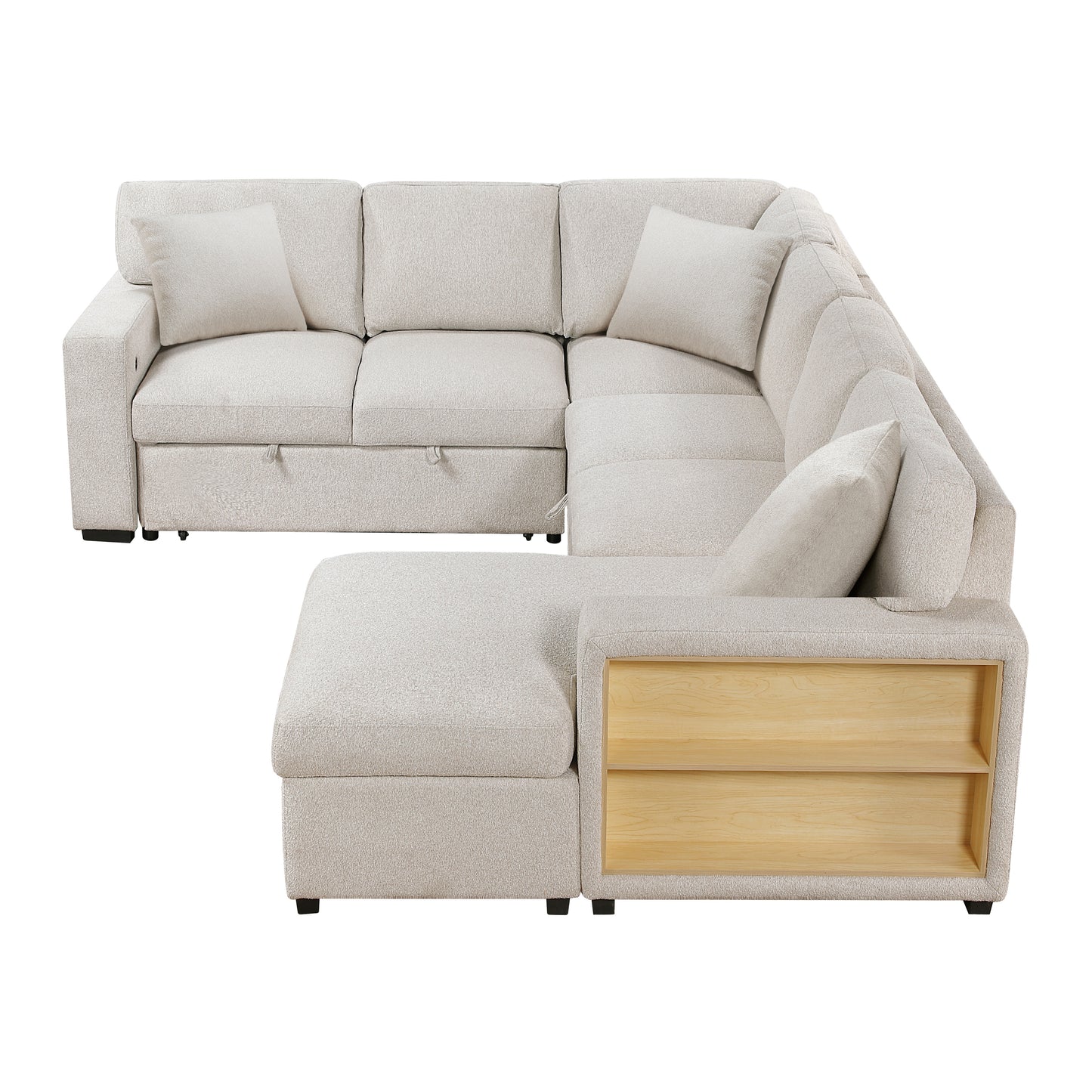 9630BE*42LRC - (4)Sectional with Right Chaise, Pull-out Bed, Hidden Storages and Shelves, Charging Ports