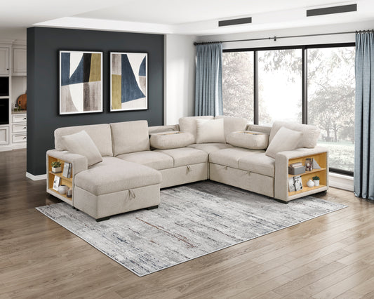 9630BE*4LC2R - (4)Sectional with Left Chaise, Pull-out Bed, Hidden Storages and Shelves, Charging Ports