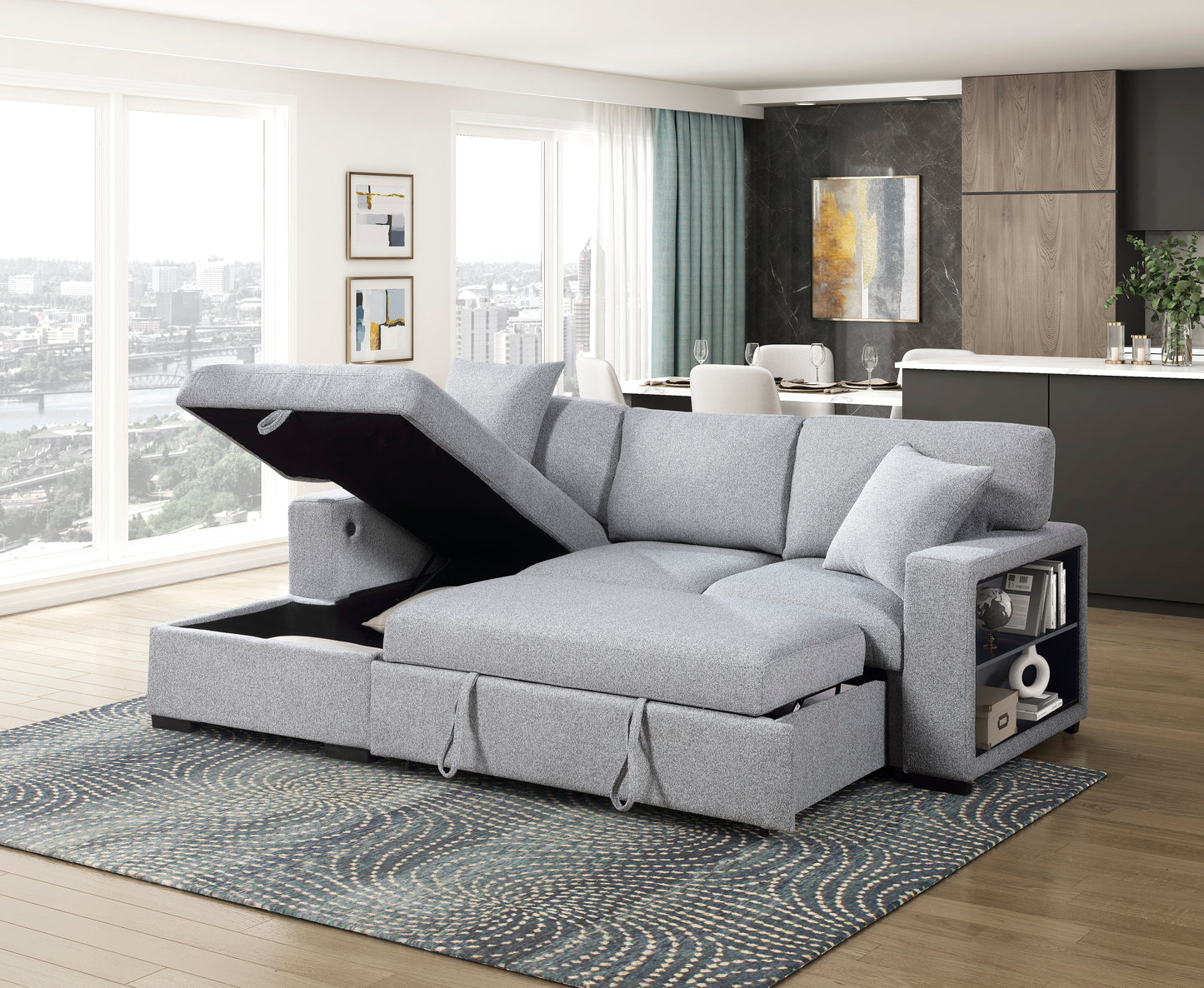 9630GY*2LC2R - (2)Sectional with Left Chaise, Pull-out Bed, Hidden Storages and Shelves, Charging Ports