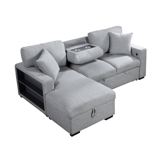 9630GY*2LC2R - (2)Sectional with Left Chaise, Pull-out Bed, Hidden Storages and Shelves, Charging Ports