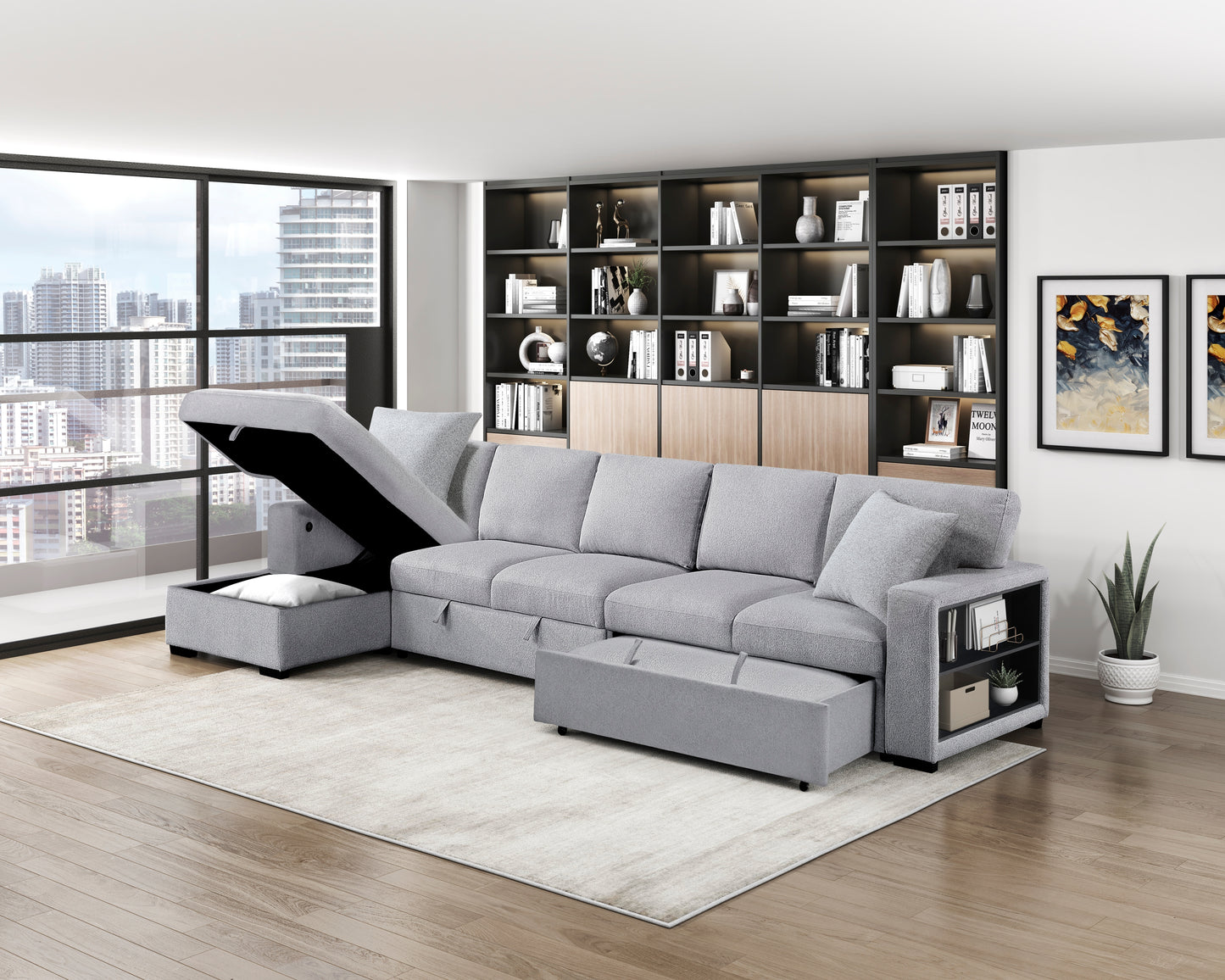 9630GY*3LC2R - (3)Sectional with Left Chaise, Pull-out Bed Hidden Storages and Shelves, Charging Ports