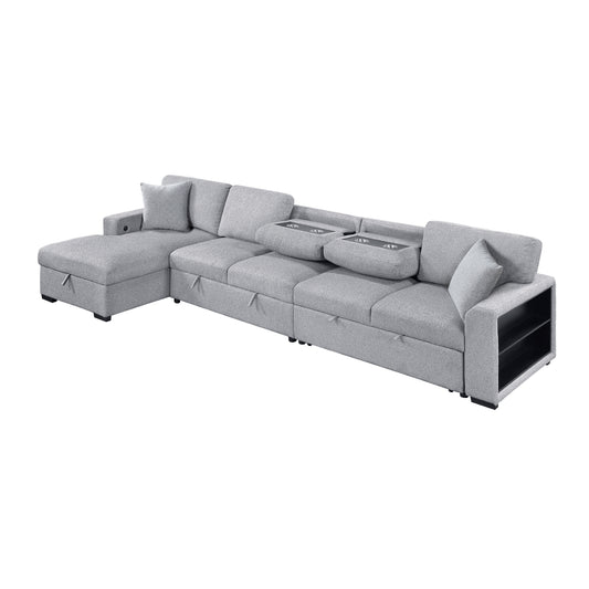 9630GY*3LC2R - (3)Sectional with Left Chaise, Pull-out Bed Hidden Storages and Shelves, Charging Ports