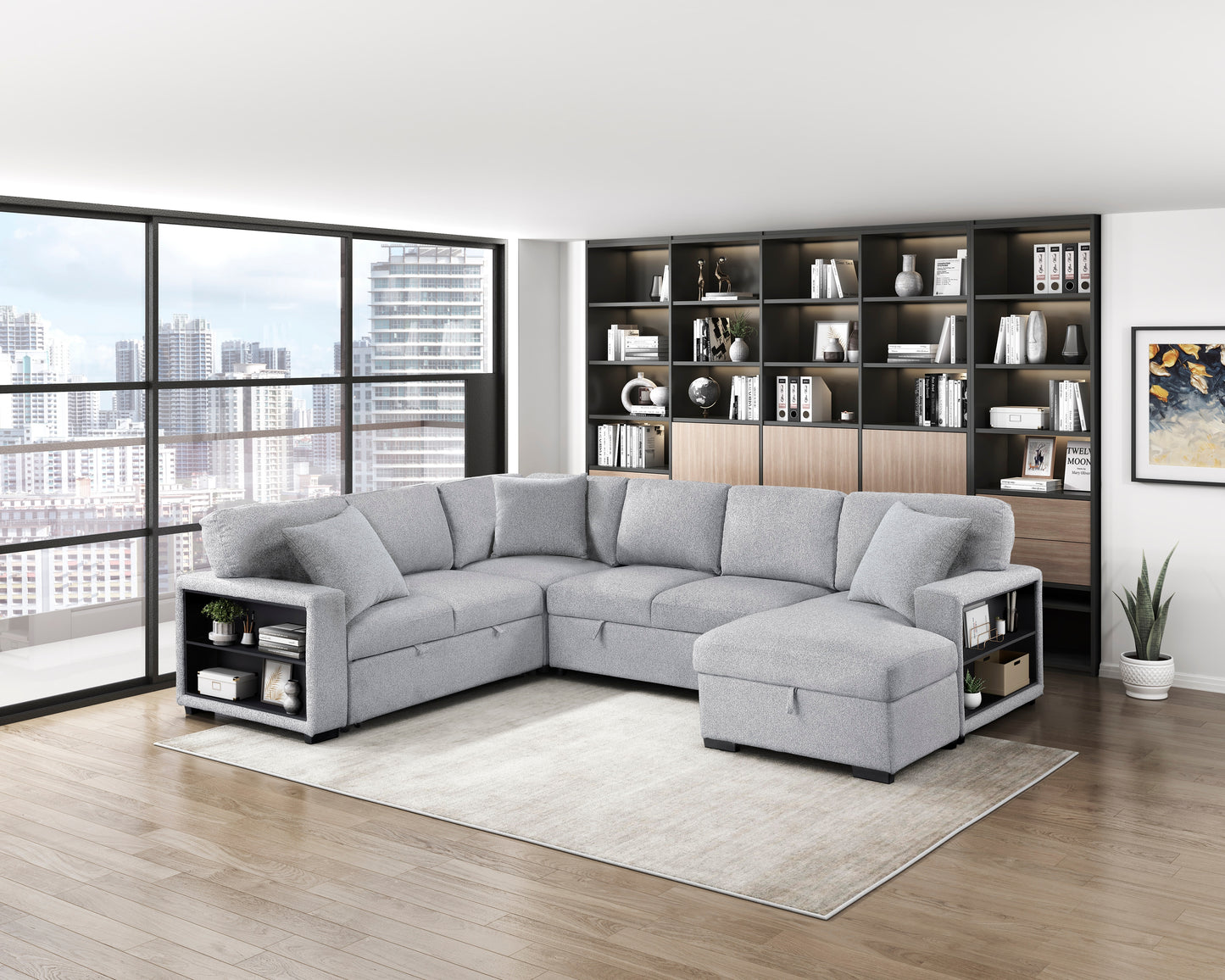 9630GY*42LRC - (4)Sectional with Right Chaise, Pull-out Bed, Hidden Storages and Shelves, Charging Ports