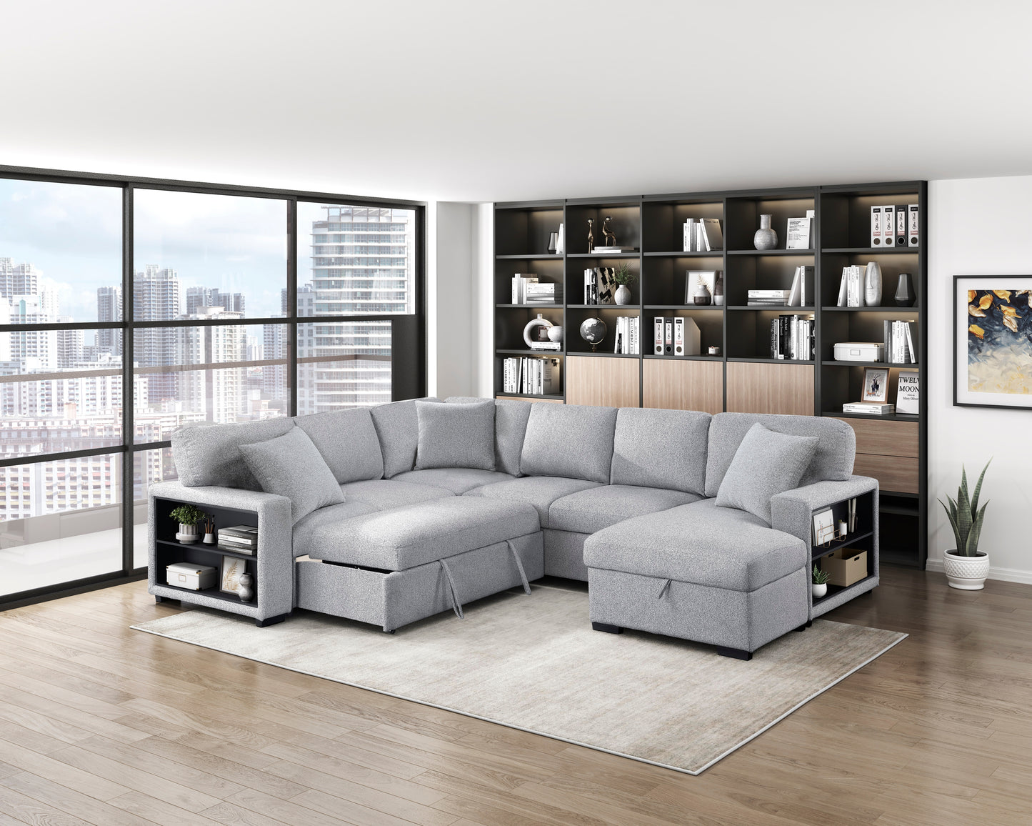 9630GY*42LRC - (4)Sectional with Right Chaise, Pull-out Bed, Hidden Storages and Shelves, Charging Ports