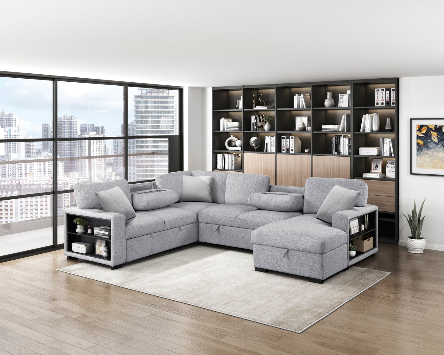 9630GY*42LRC - (4)Sectional with Right Chaise, Pull-out Bed, Hidden Storages and Shelves, Charging Ports