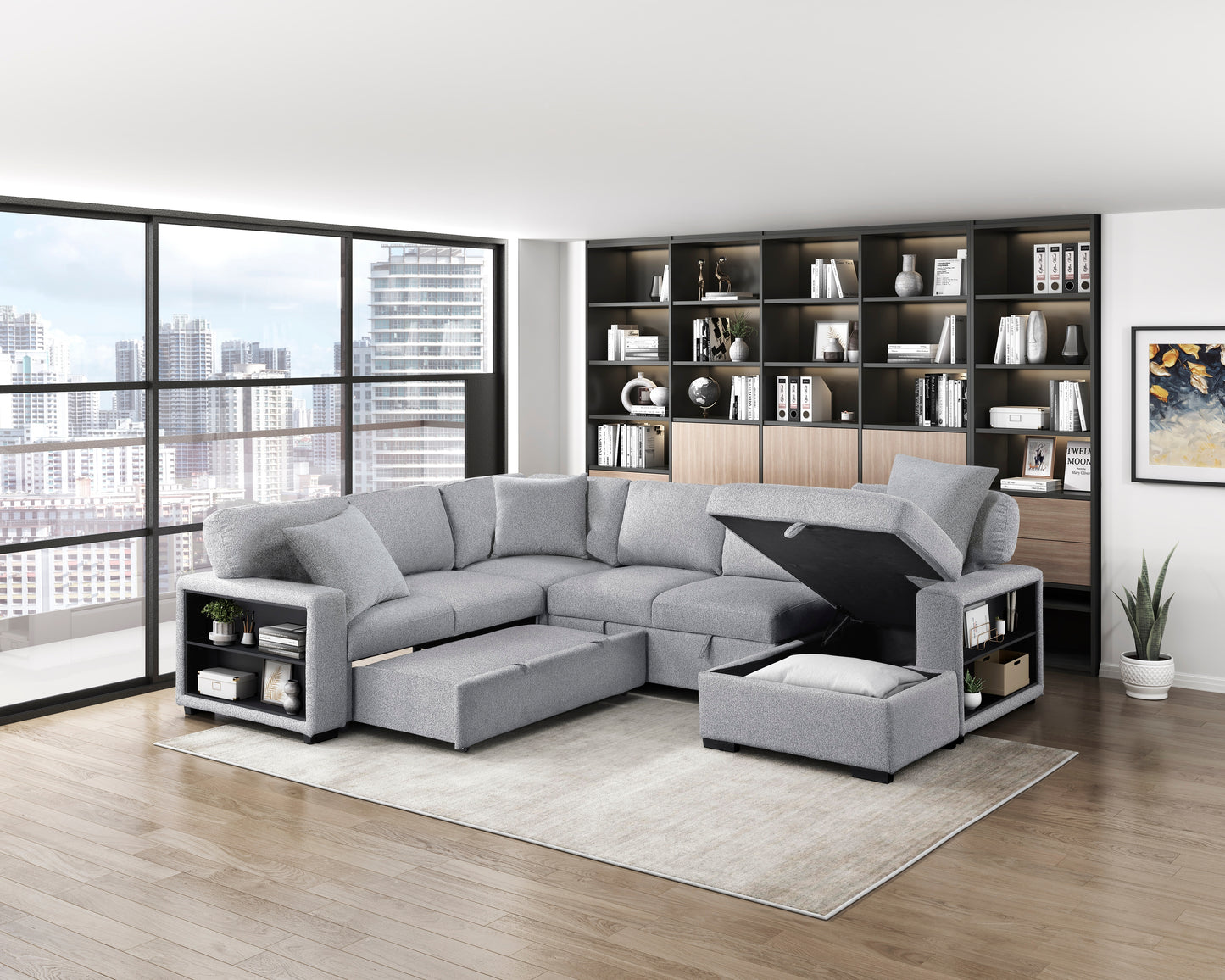9630GY*42LRC - (4)Sectional with Right Chaise, Pull-out Bed, Hidden Storages and Shelves, Charging Ports