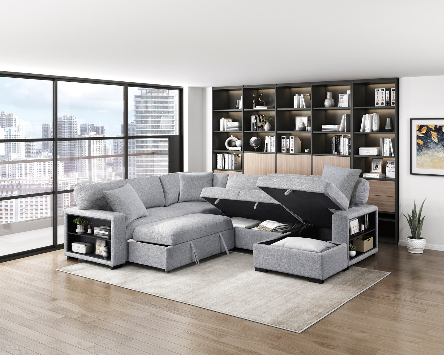 9630GY*42LRC - (4)Sectional with Right Chaise, Pull-out Bed, Hidden Storages and Shelves, Charging Ports
