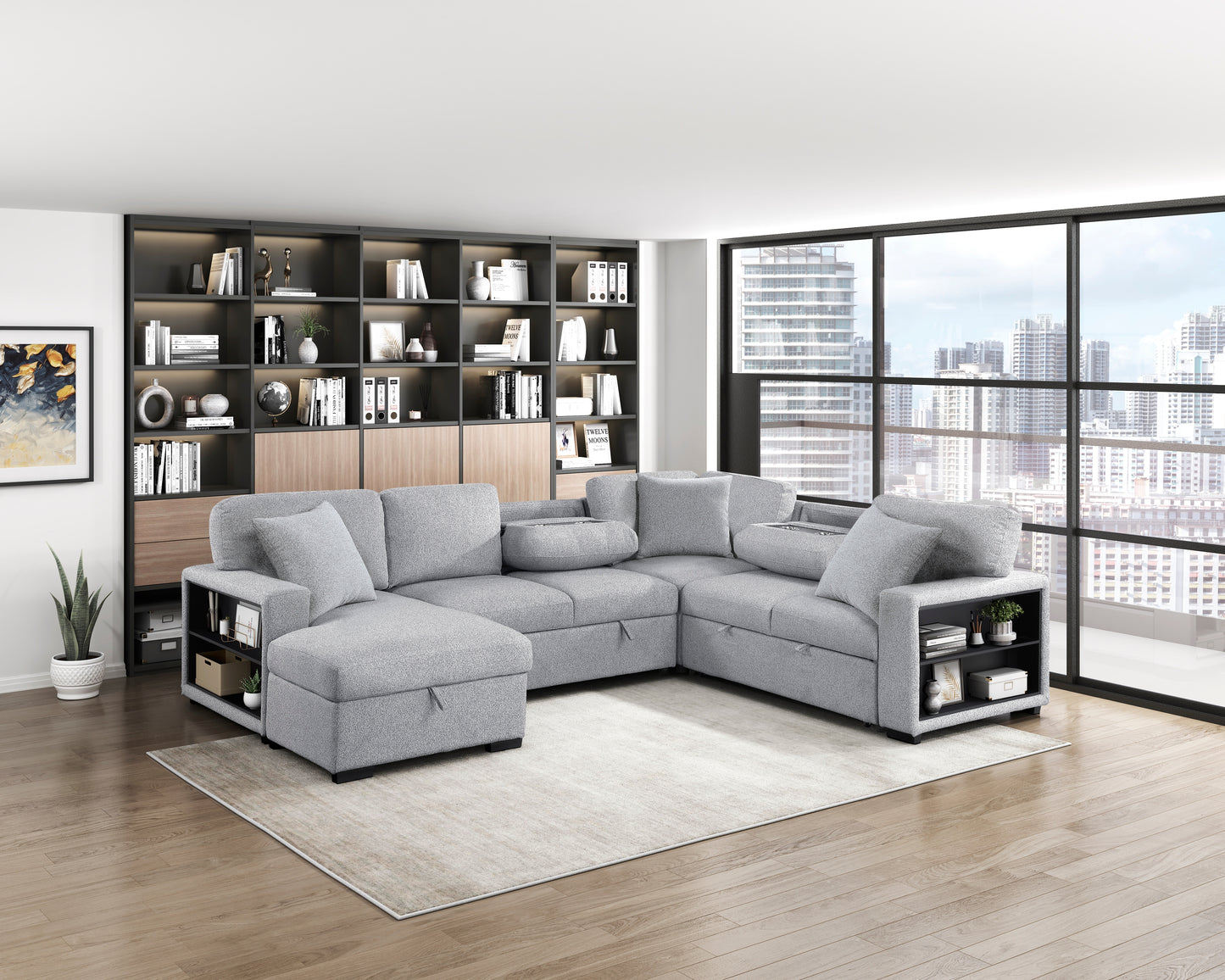 9630GY*4LC2R - (4)Sectional with Left Chaise, Pull-out Bed, Hidden Storages  and Shelves, Charging Ports