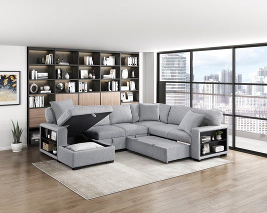 9630GY*4LC2R - (4)Sectional with Left Chaise, Pull-out Bed, Hidden Storages  and Shelves, Charging Ports