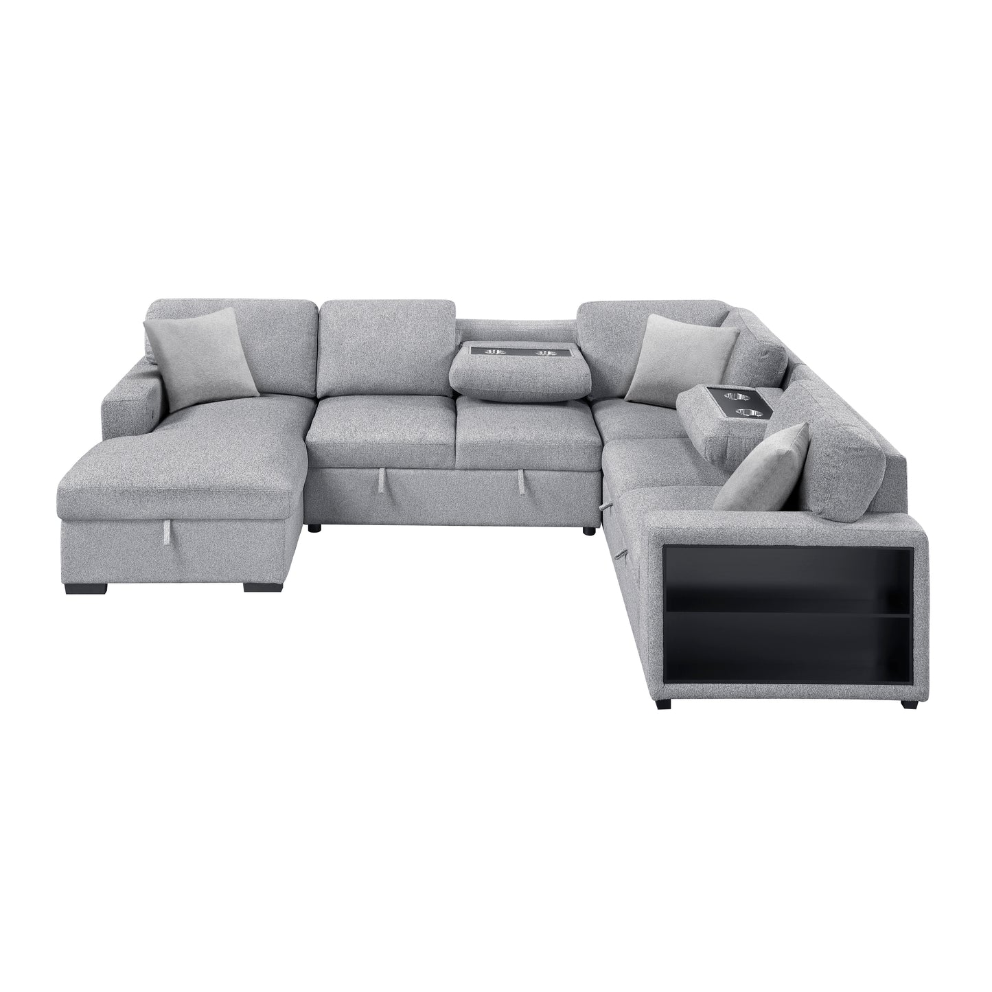 9630GY*4LC2R - (4)Sectional with Left Chaise, Pull-out Bed, Hidden Storages  and Shelves, Charging Ports