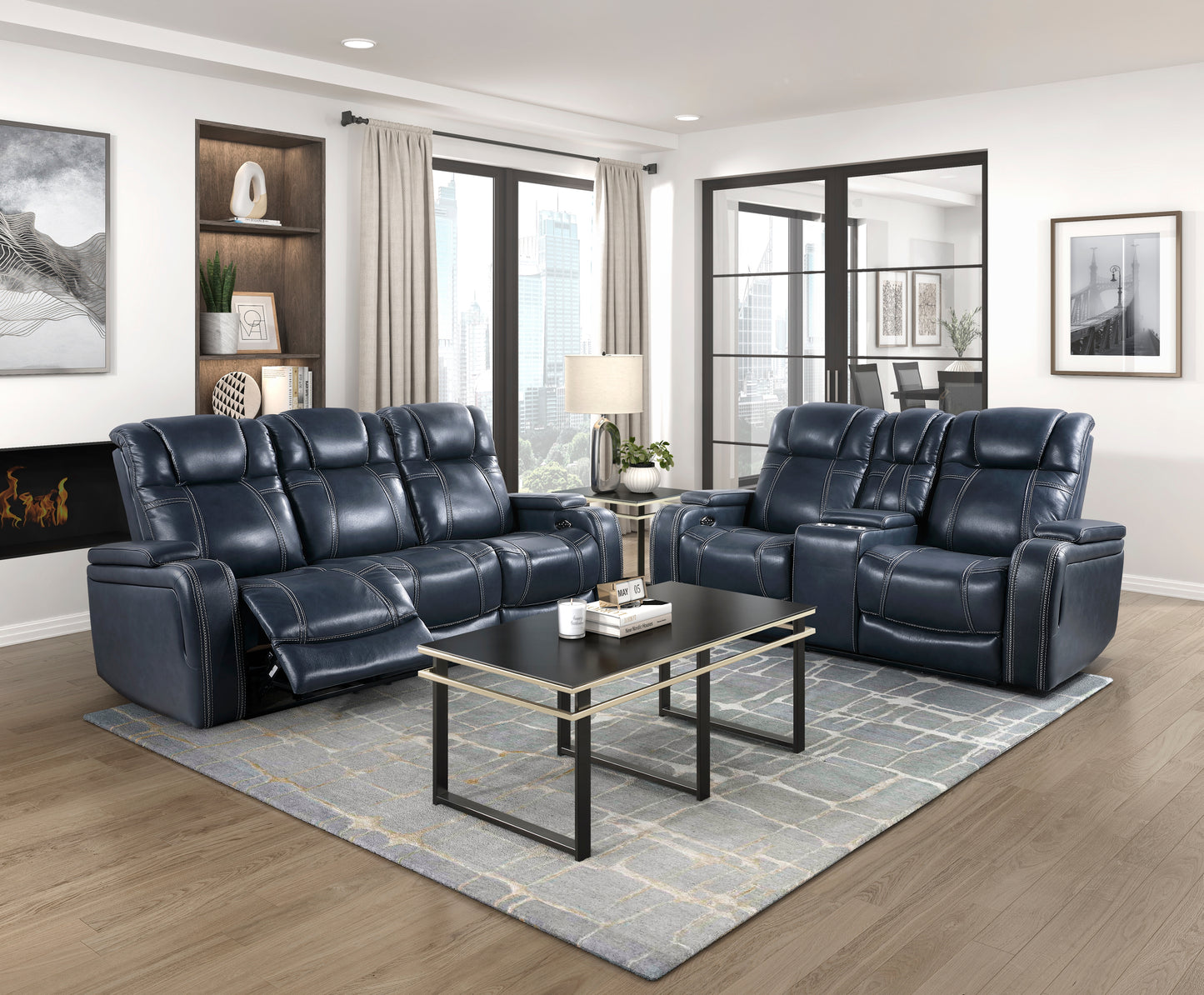 9640BU-3PWH - Power Double Reclining Sofa with Power Headrests and Storage Arms