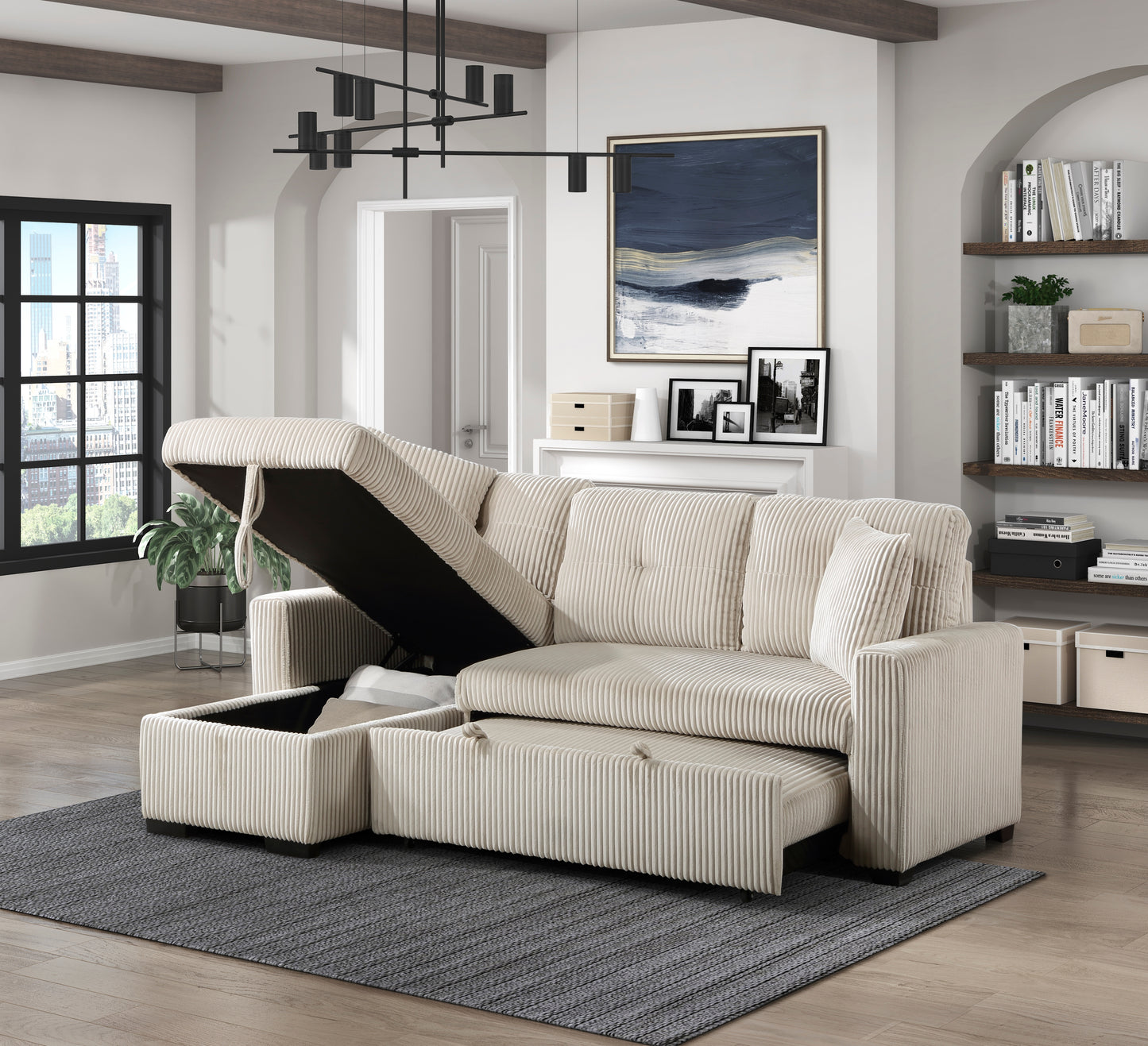 9649BE*SC - (3)3-Piece Reversible Sectional with Pull-out Bed and Hidden Storage