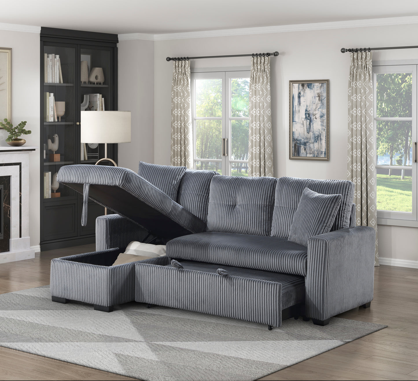 9649DG*SC - (3)3-Piece Reversible Sectional with Pull-out Bed and Hidden Storage