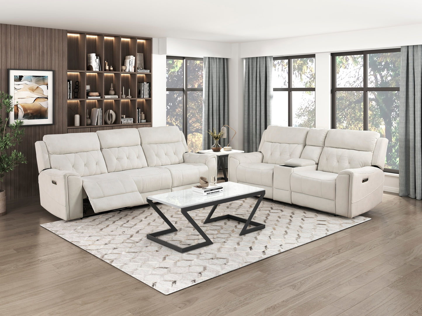 9670BE-3PWH - Power Double Reclining Sofa with Power Headrests, Hidden Arms Cup Holders and Charging Ports