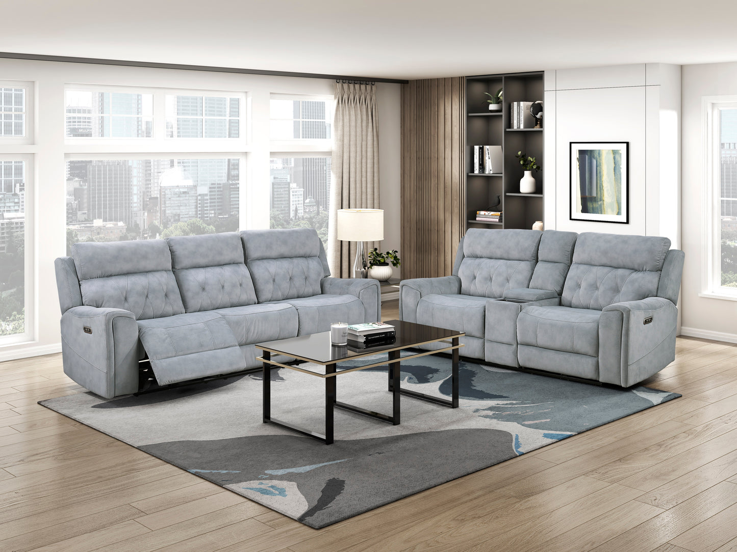 9670GY-3PWH - Power Double Reclining Sofa with Power Headrests, Hidden Arms Cup Holders and Charging Ports