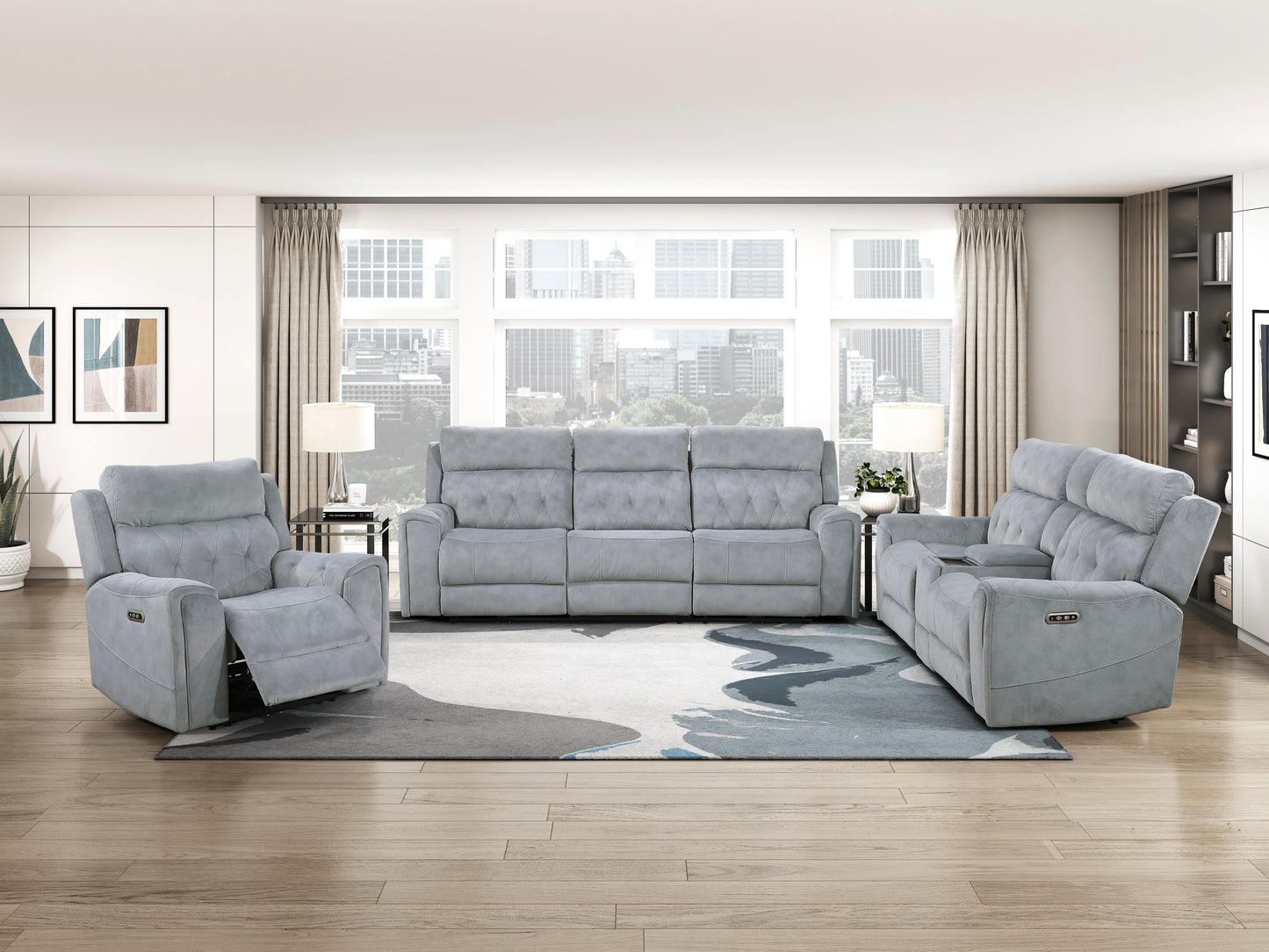9670GY-3PWH - Power Double Reclining Sofa with Power Headrests, Hidden Arms Cup Holders and Charging Ports