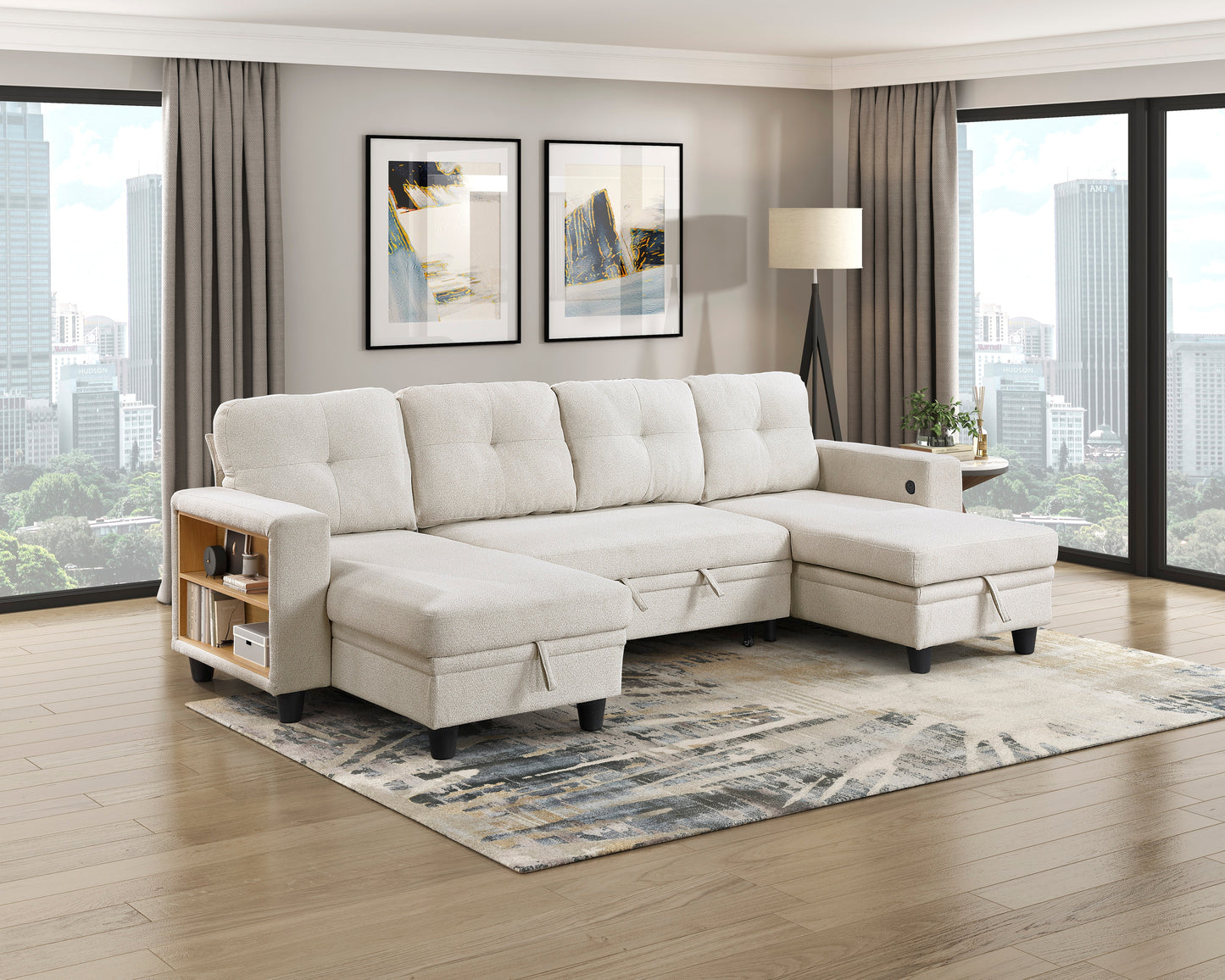 9705BE*42AVC - (4)Sectional with Two Chaises, Pull-out Bed, Shelves and Charging Ports