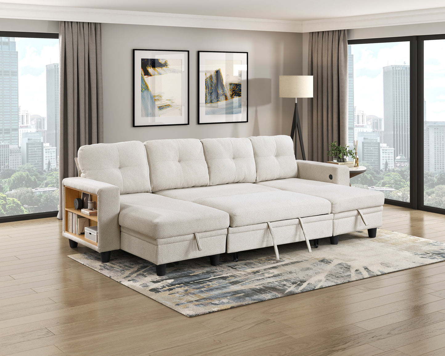 9705BE*42AVC - (4)Sectional with Two Chaises, Pull-out Bed, Shelves and Charging Ports