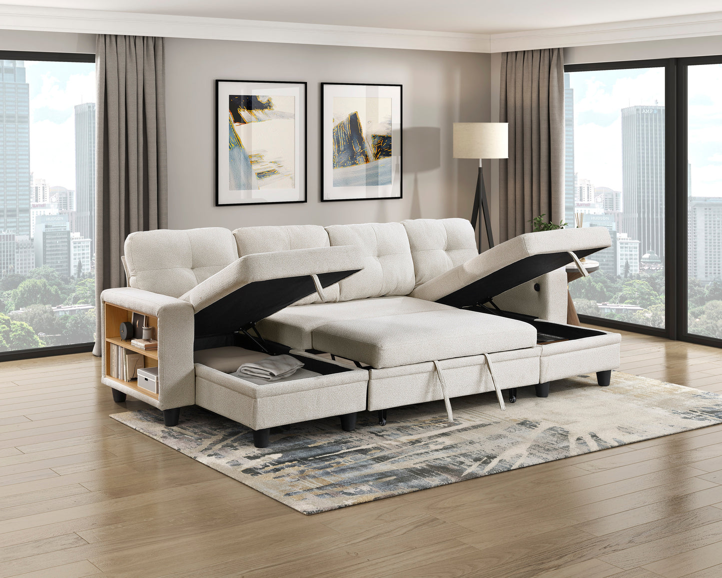 9705BE*42AVC - (4)Sectional with Two Chaises, Pull-out Bed, Shelves and Charging Ports