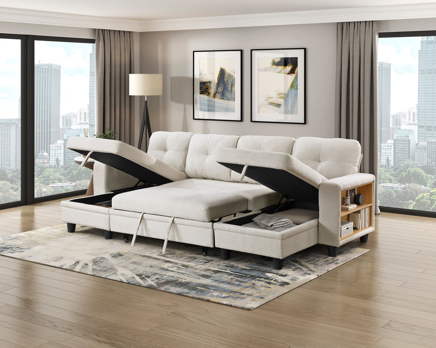 9705BE*42AVC - (4)Sectional with Two Chaises, Pull-out Bed, Shelves and Charging Ports