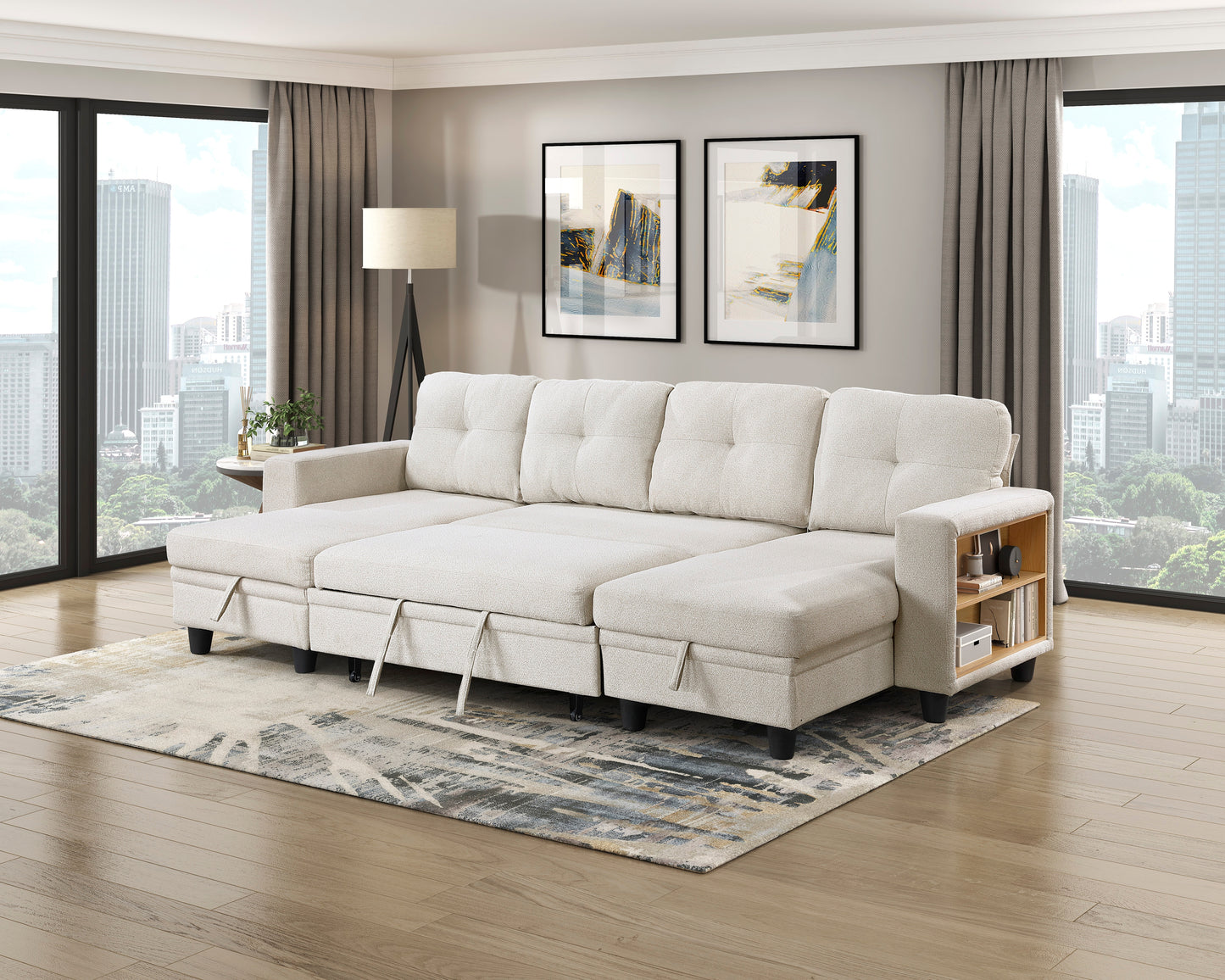 9705BE*42AVC - (4)Sectional with Two Chaises, Pull-out Bed, Shelves and Charging Ports