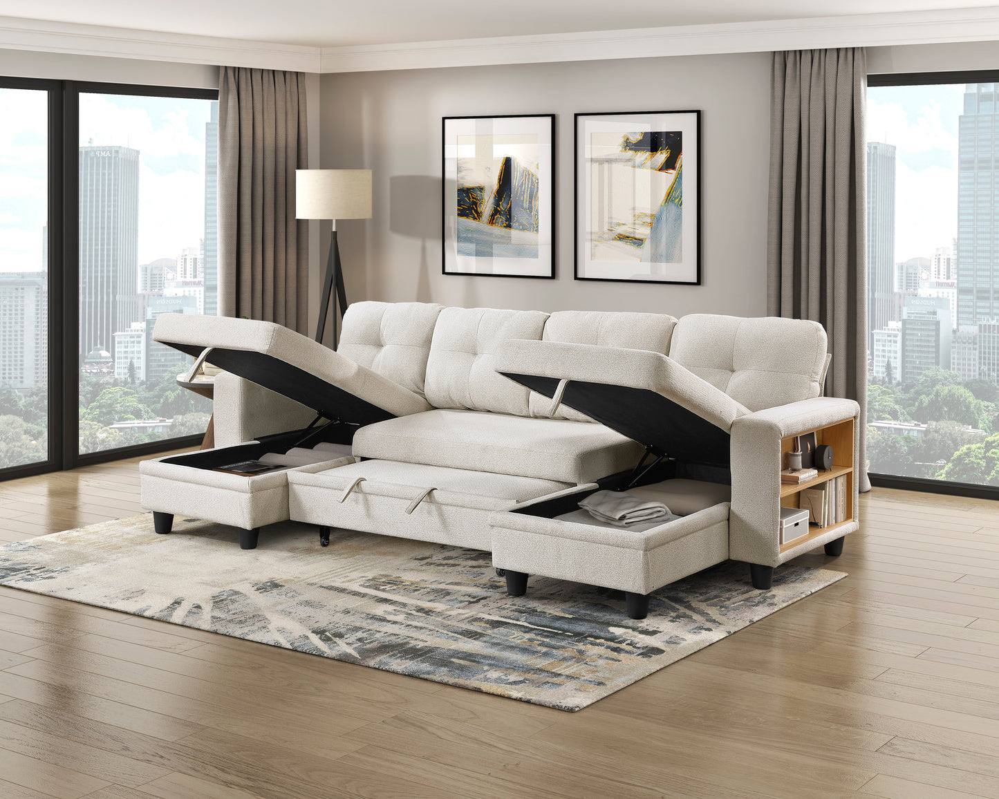 9705BE*42AVC - (4)Sectional with Two Chaises, Pull-out Bed, Shelves and Charging Ports