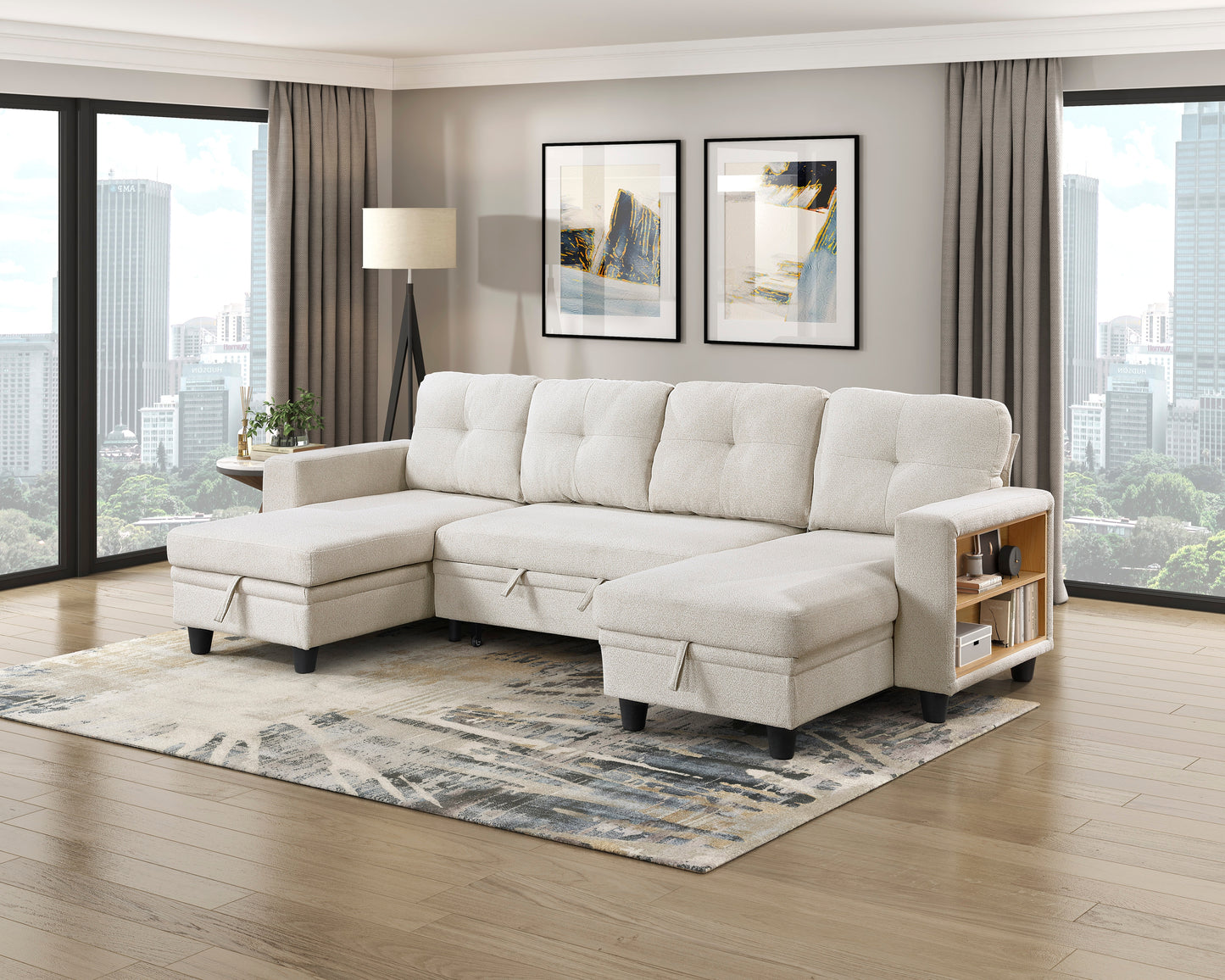 9705BE*42AVC - (4)Sectional with Two Chaises, Pull-out Bed, Shelves and Charging Ports