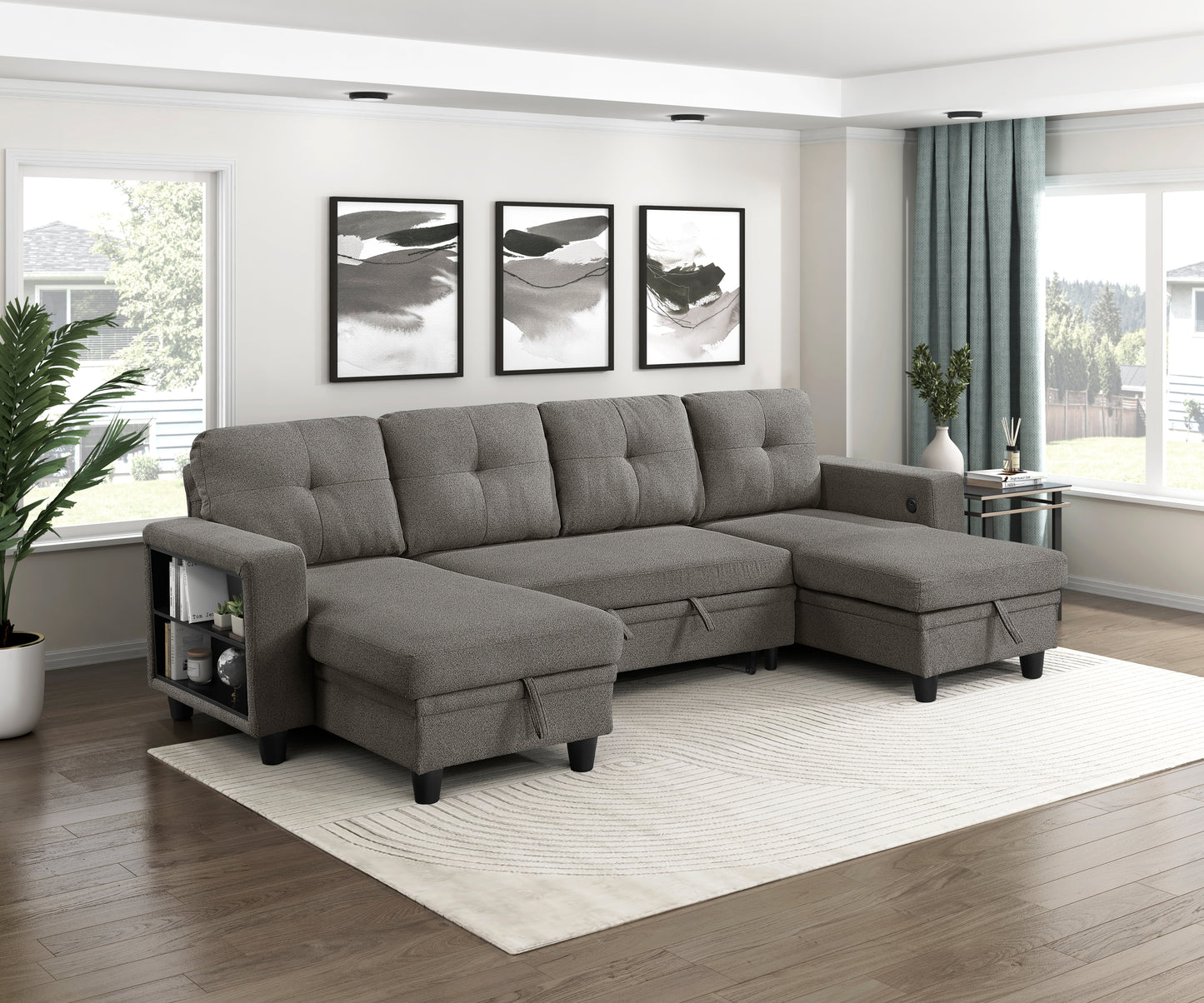 9705DB*42AVC - (4)Sectional with Two Chaises, Pull-out Bed, Shelves and Charging Ports