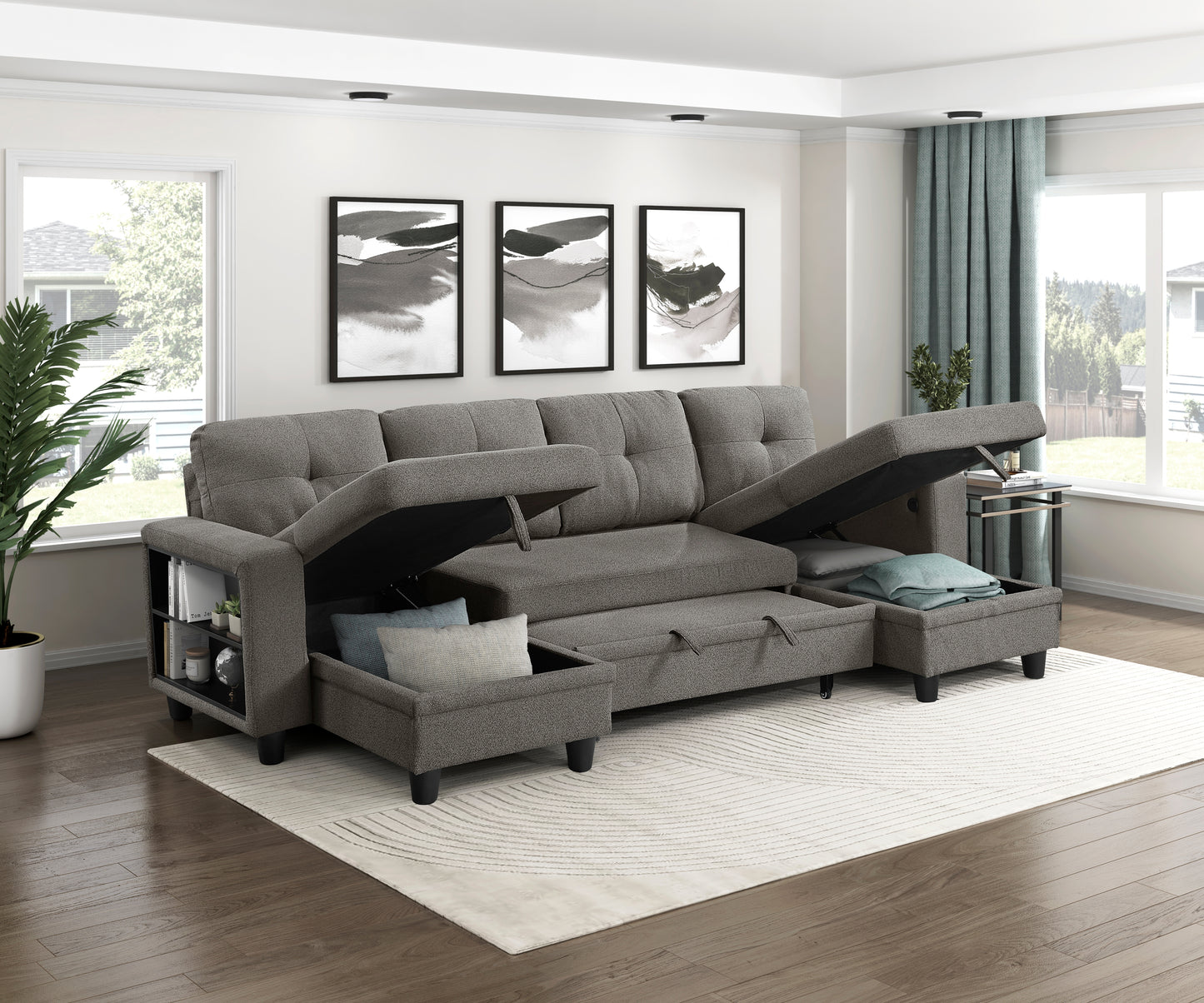 9705DB*42AVC - (4)Sectional with Two Chaises, Pull-out Bed, Shelves and Charging Ports