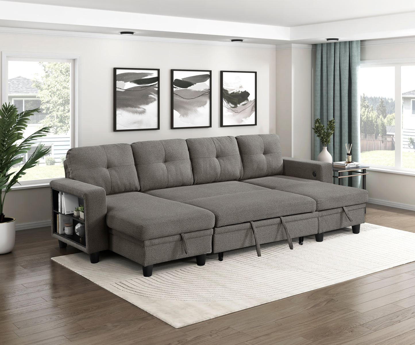 9705DB*42AVC - (4)Sectional with Two Chaises, Pull-out Bed, Shelves and Charging Ports