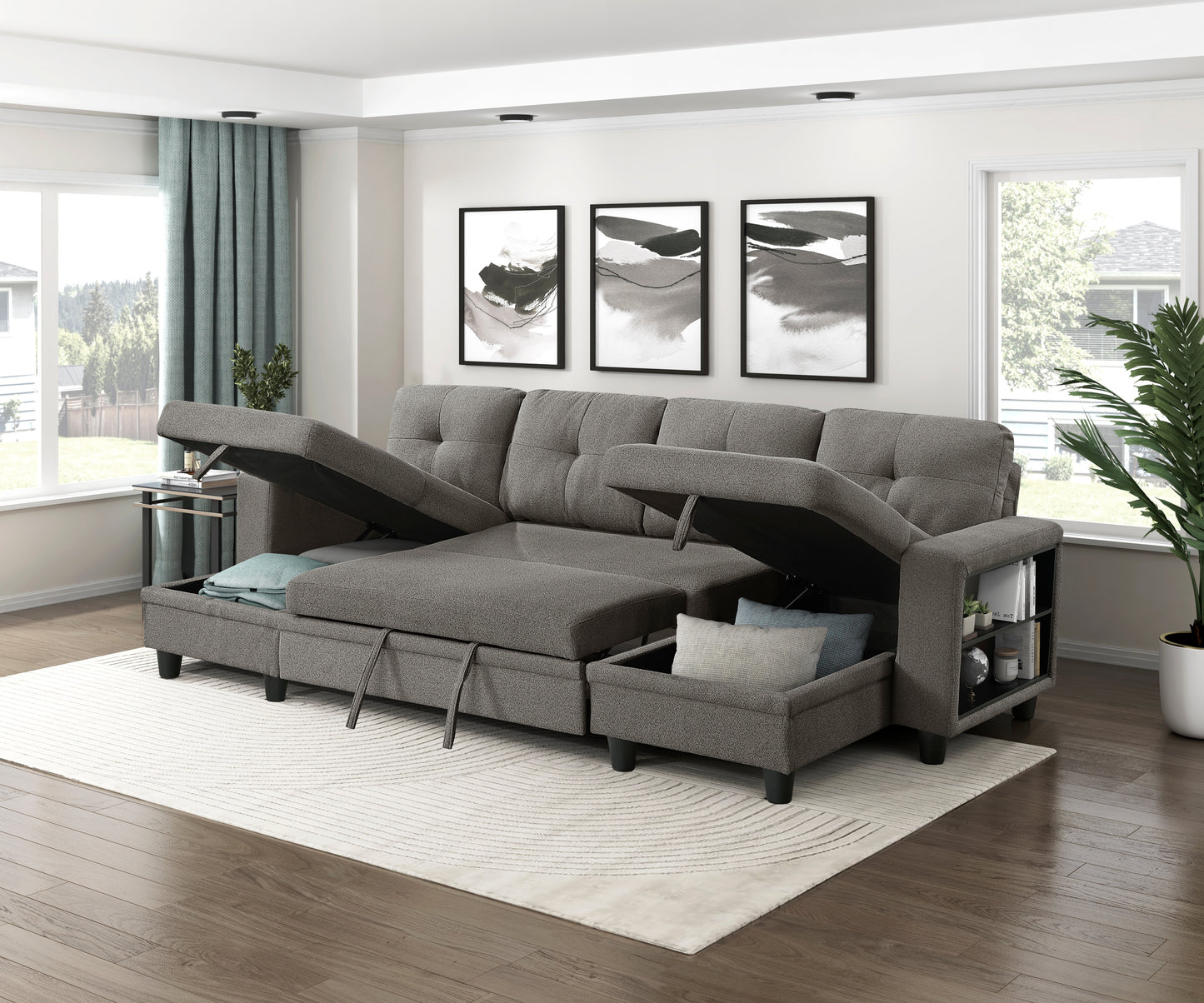 9705DB*42AVC - (4)Sectional with Two Chaises, Pull-out Bed, Shelves and Charging Ports