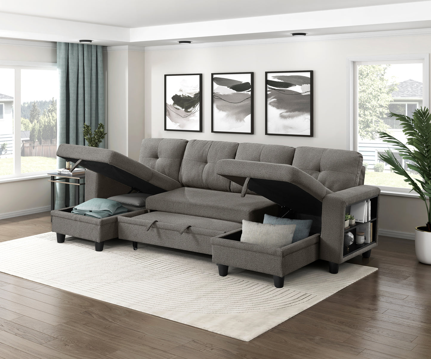 9705DB*42AVC - (4)Sectional with Two Chaises, Pull-out Bed, Shelves and Charging Ports