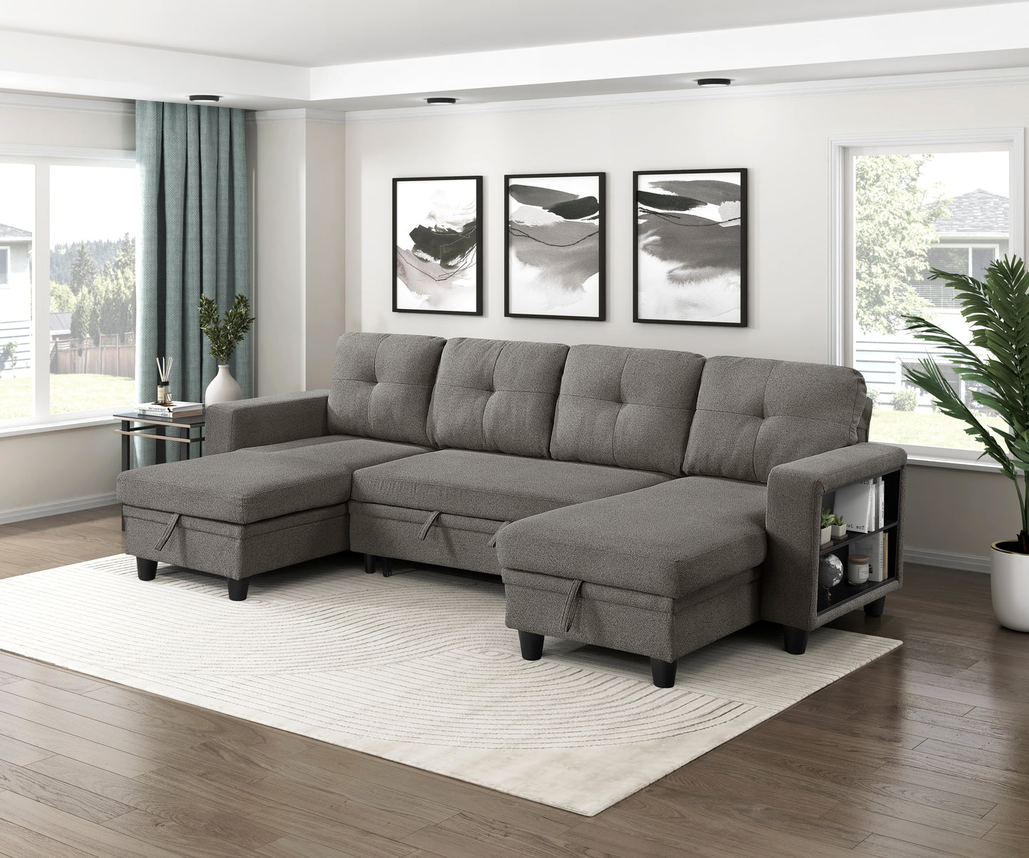 9705DB*42AVC - (4)Sectional with Two Chaises, Pull-out Bed, Shelves and Charging Ports