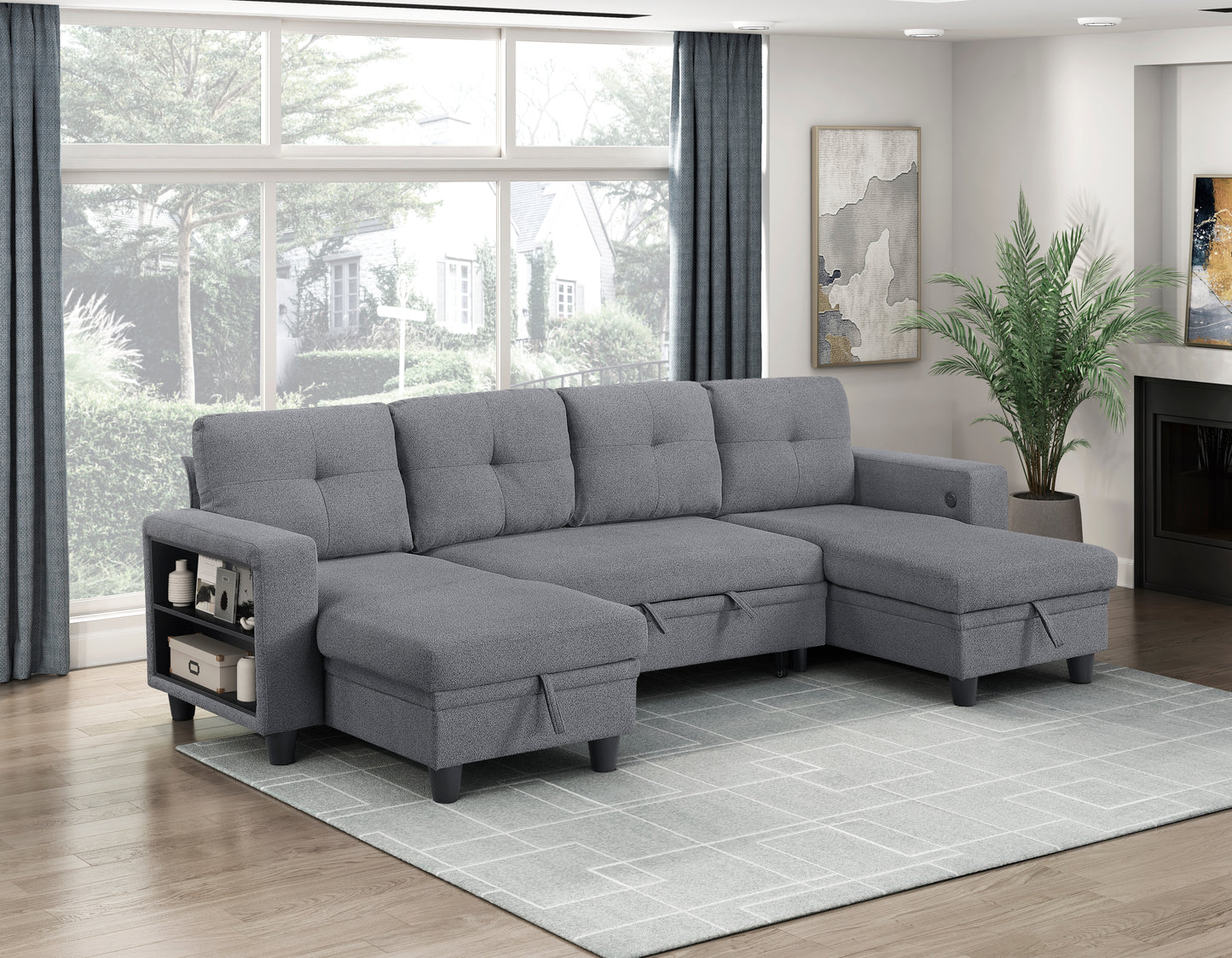9705GY*42AVC - (4)Sectional with Two Chaises, Pull-out Bed, Shelves and Charging Ports